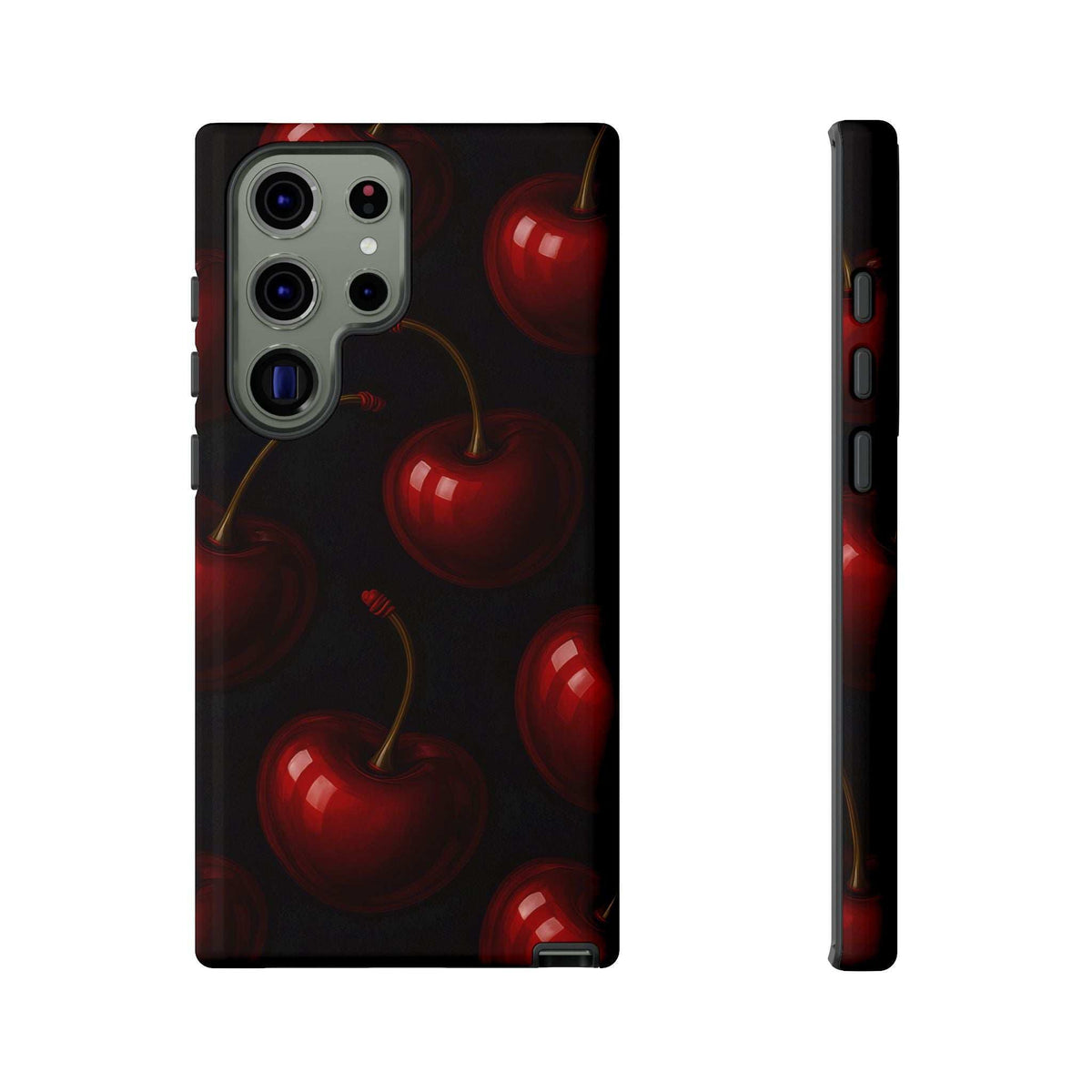 Cherry phone case with glossy finish, black background, red cherries, camera and button cutouts.