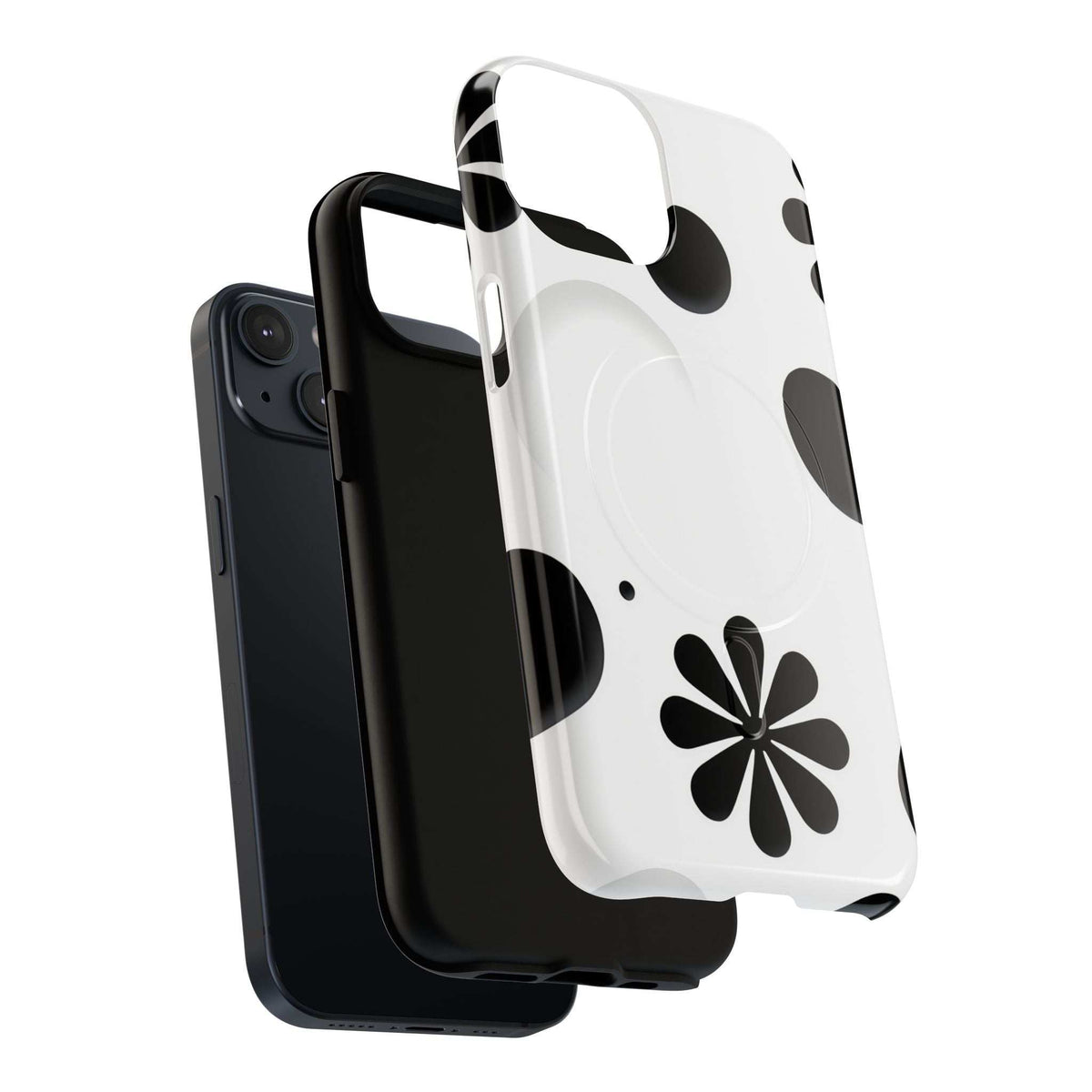 Protective phone case, white back with black flower and dot motif, strap/hinge detail