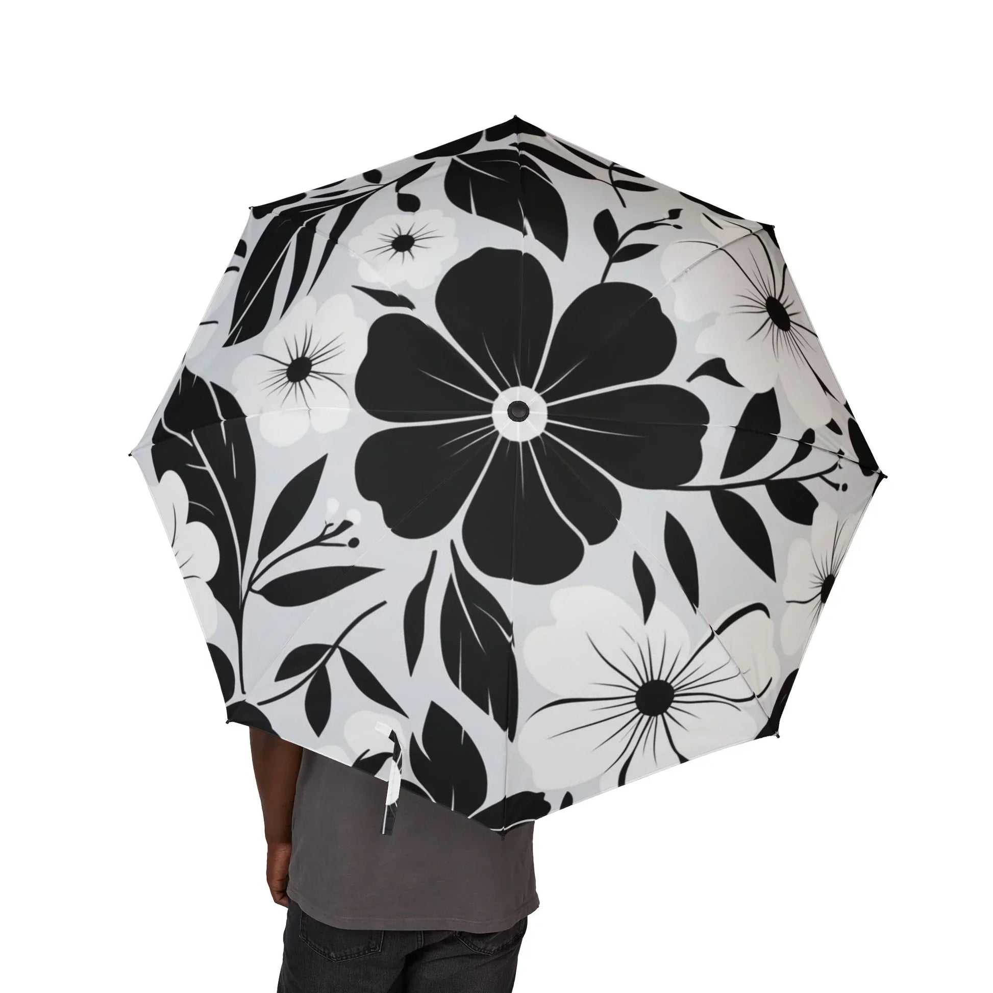 Stylish Semi-Automatic Foldable Umbrella with Floral Monochrome Pattern - KarArmDesign