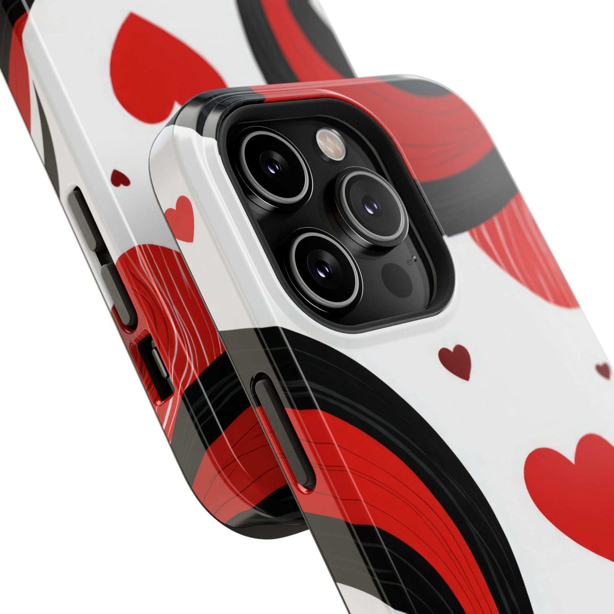 Glossy phone case close-up of back with triple camera cutouts and red heart swirls