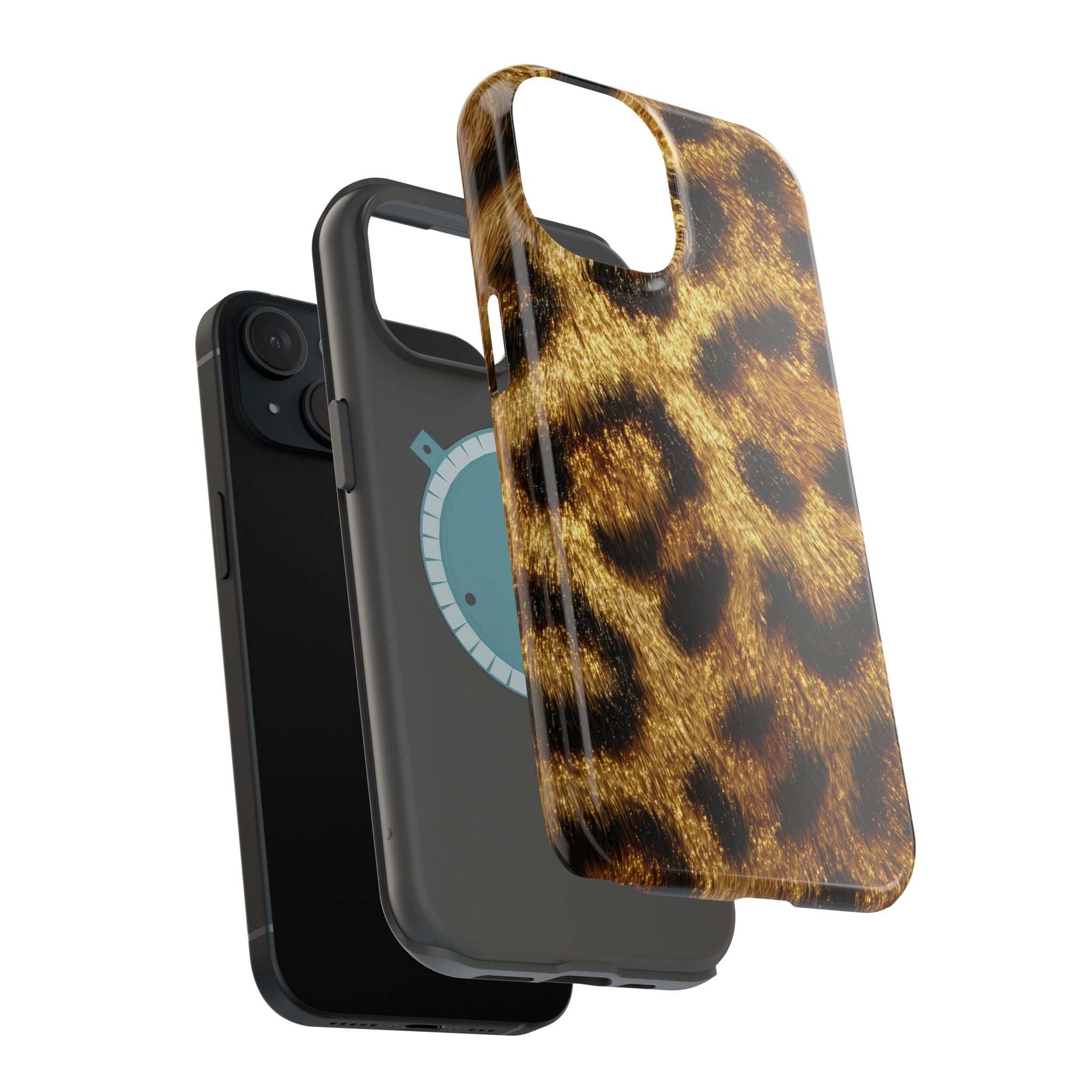 Leopard print phone case with glossy finish, front cutout view and tan leopard spot pattern.