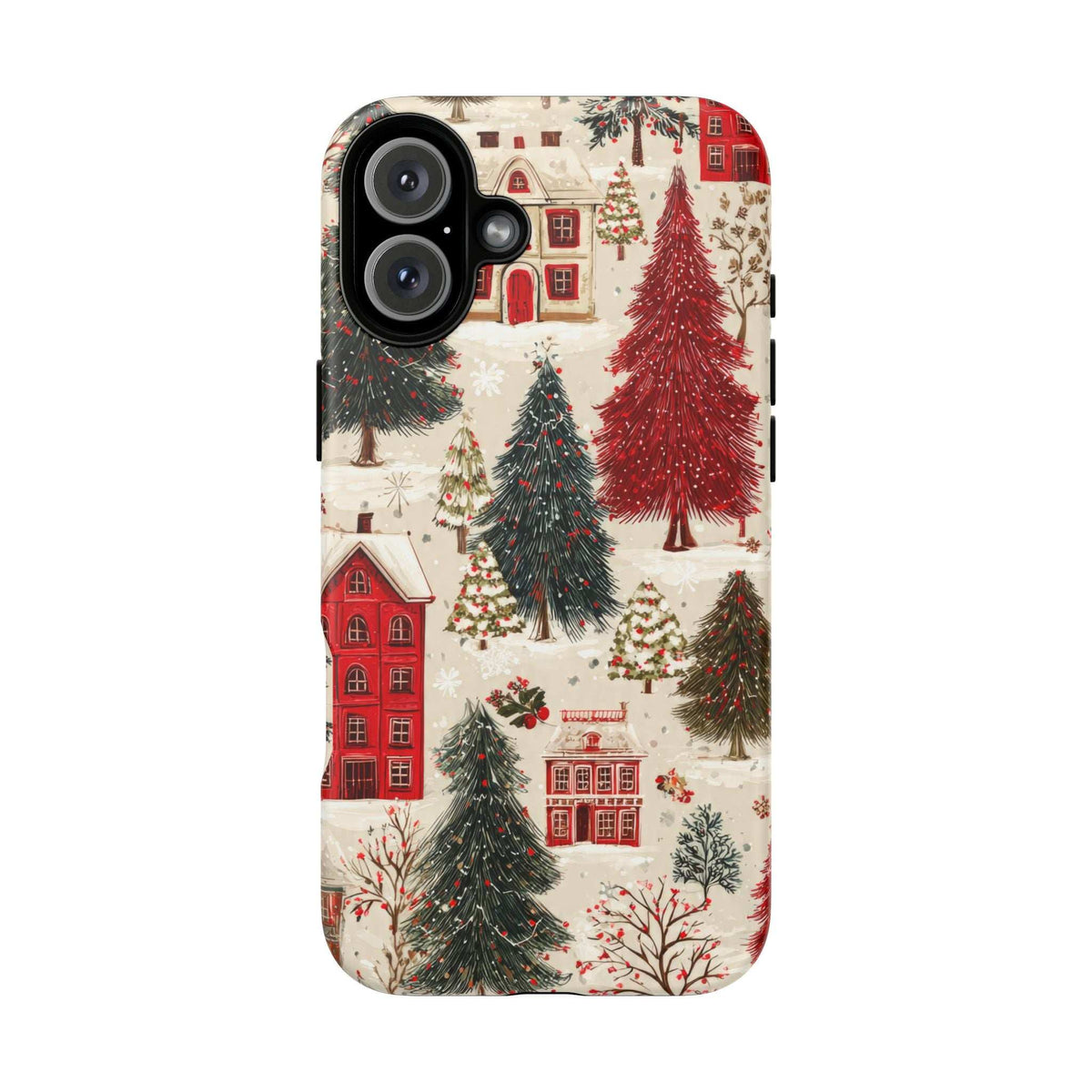 Winter village phone case showing red buildings and snow-covered fir trees; camera openings