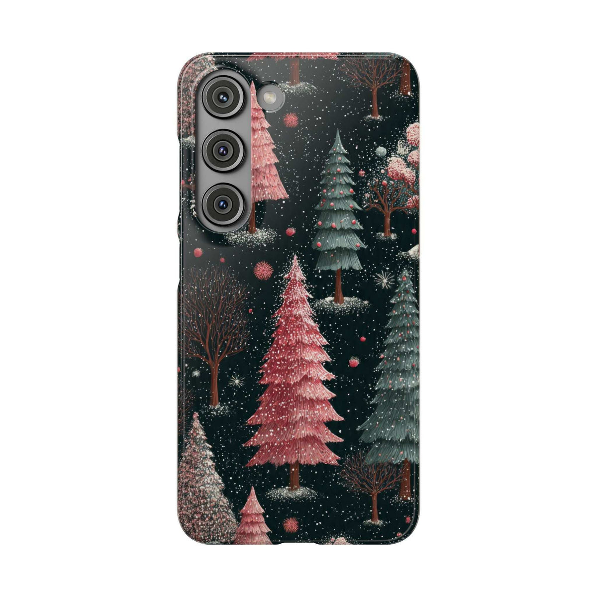 Glossy winter forest phone case with pink and green trees; visible side camera cutout.