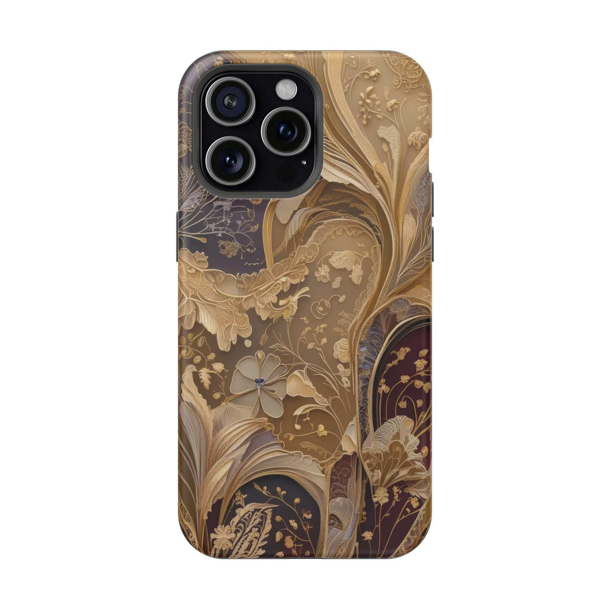 Gold and dark botanical floral phone case, triple camera cutouts with lens surrounds