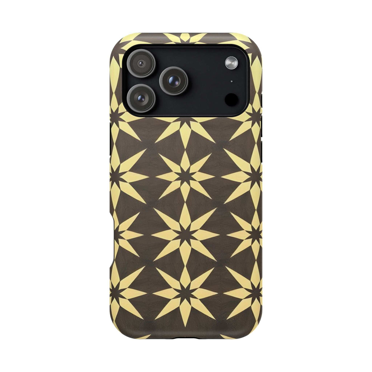 Phone case back with gold and black star geometric pattern, dual camera lenses and flash