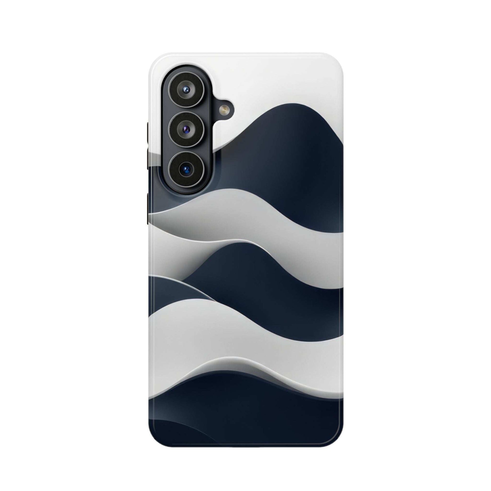 Glossy phone case with white and navy wave pattern, cutouts for camera and ports