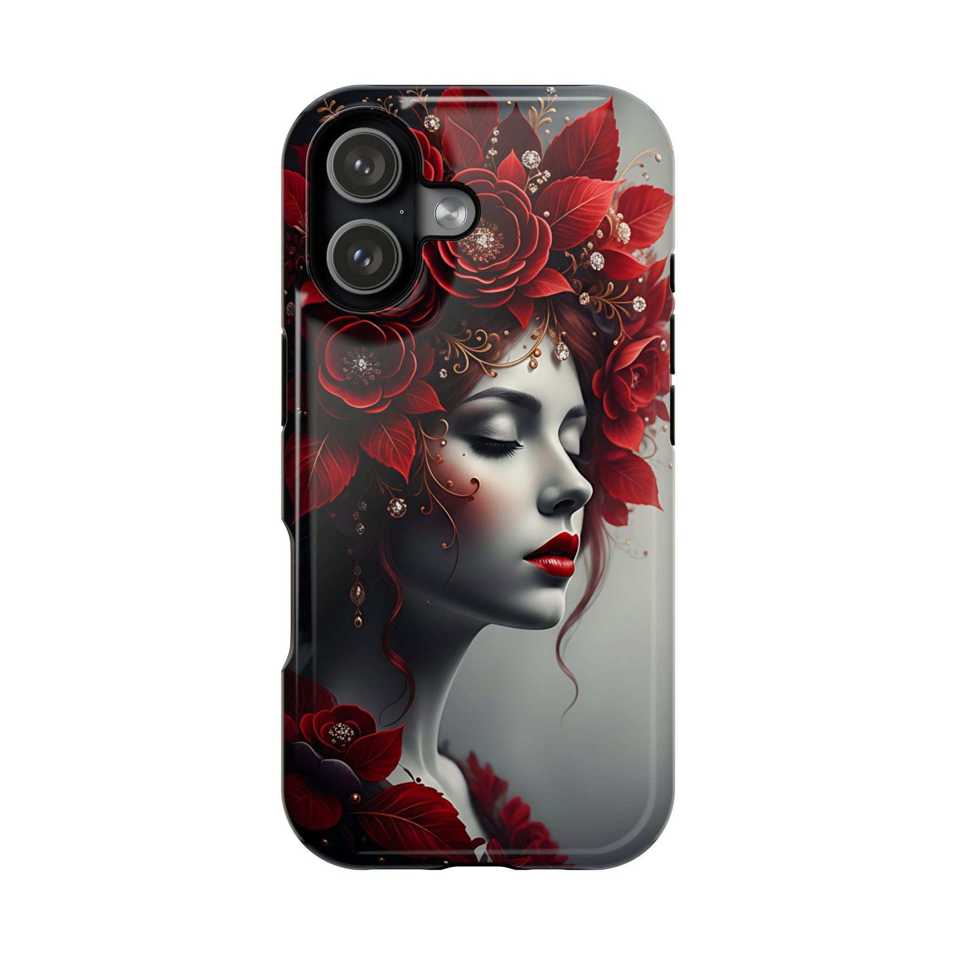 Back phone case featuring red floral portrait of a woman face; visible camera module.