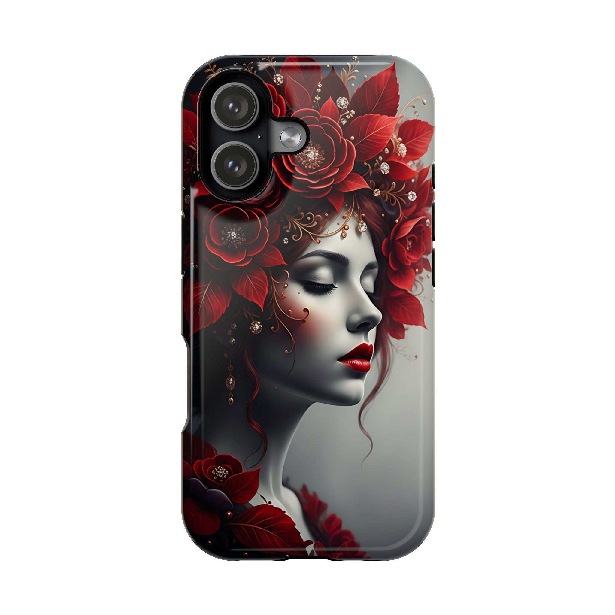 Back phone case featuring red floral portrait of a woman face; visible camera module.