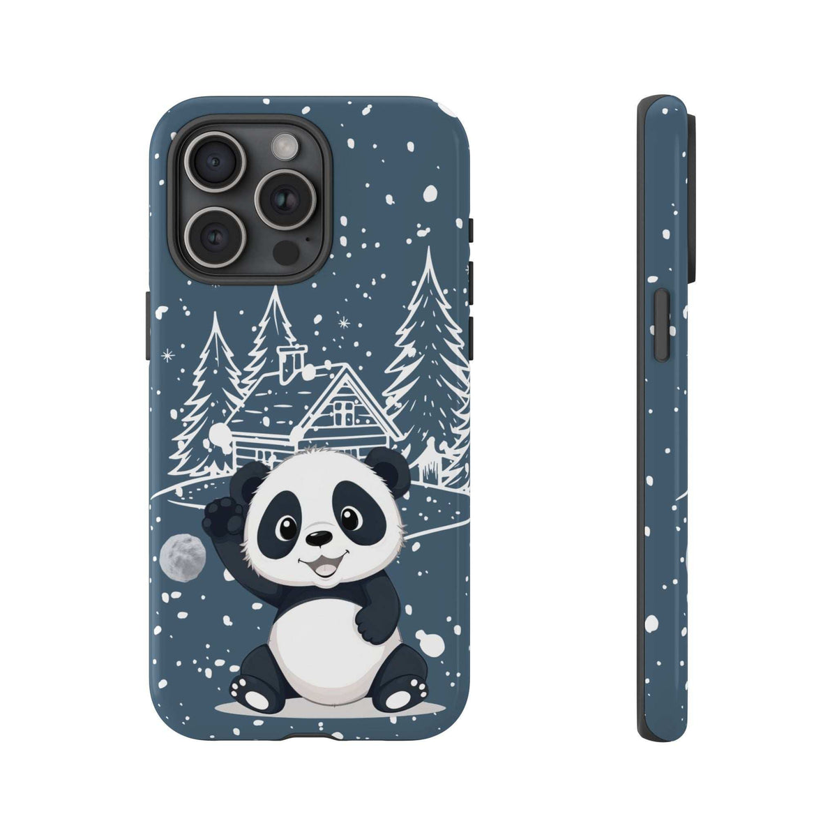 Dark blue panda winter phone case front view with snowy trees, cottage, and panda