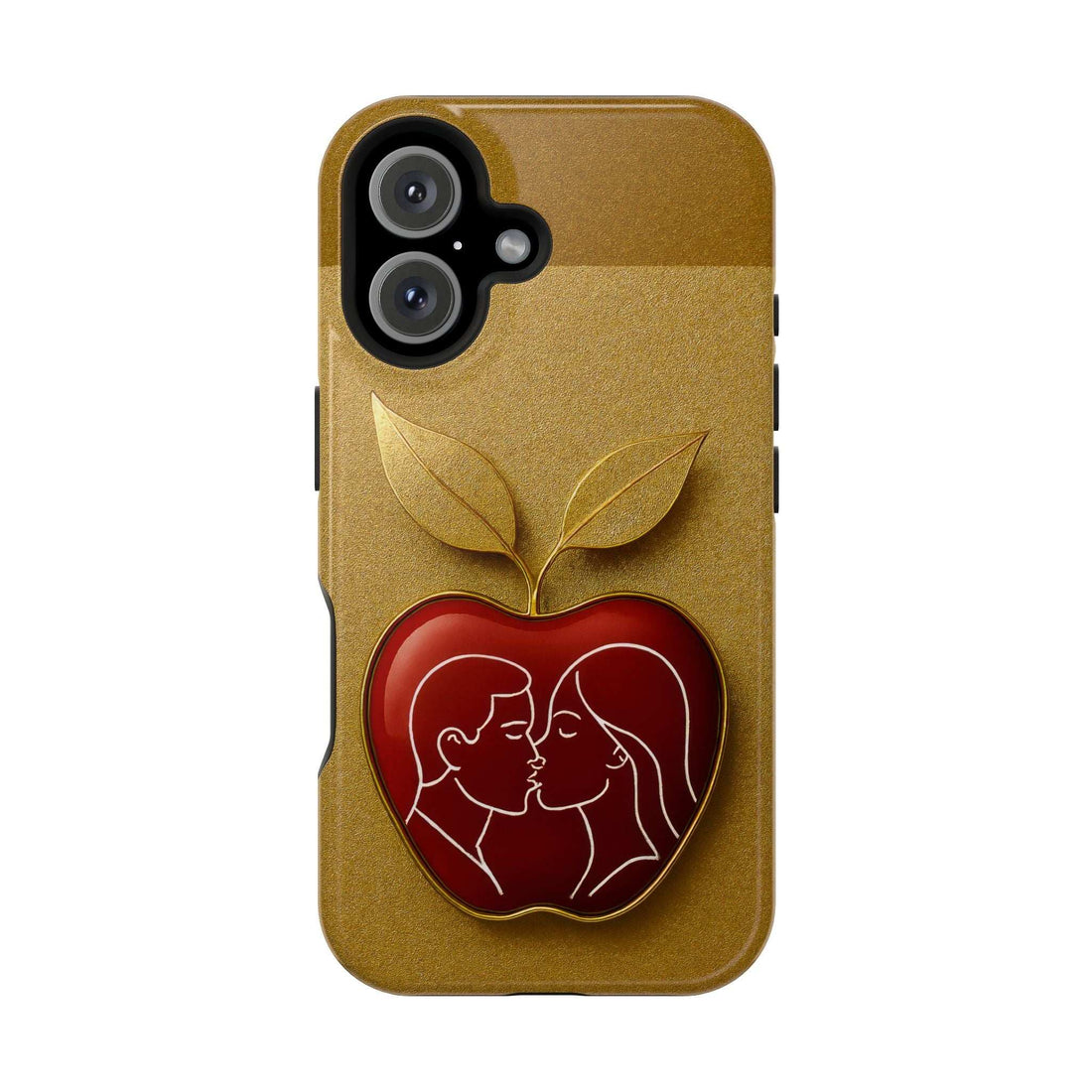 Gold glitter phone case with red heart couple kissing and leaf detail on back