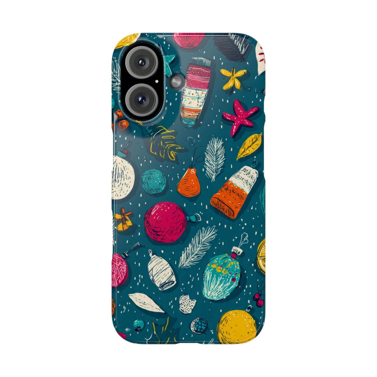 Winter Joy phone case, teal with colorful ornaments and starfish; rear camera openings