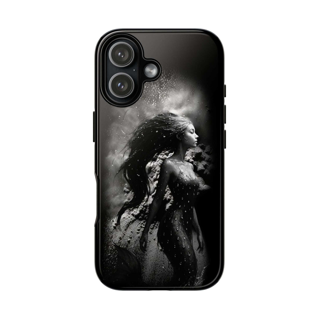 Black phone case back showing grayscale mermaid portrait and camera cluster cutouts.