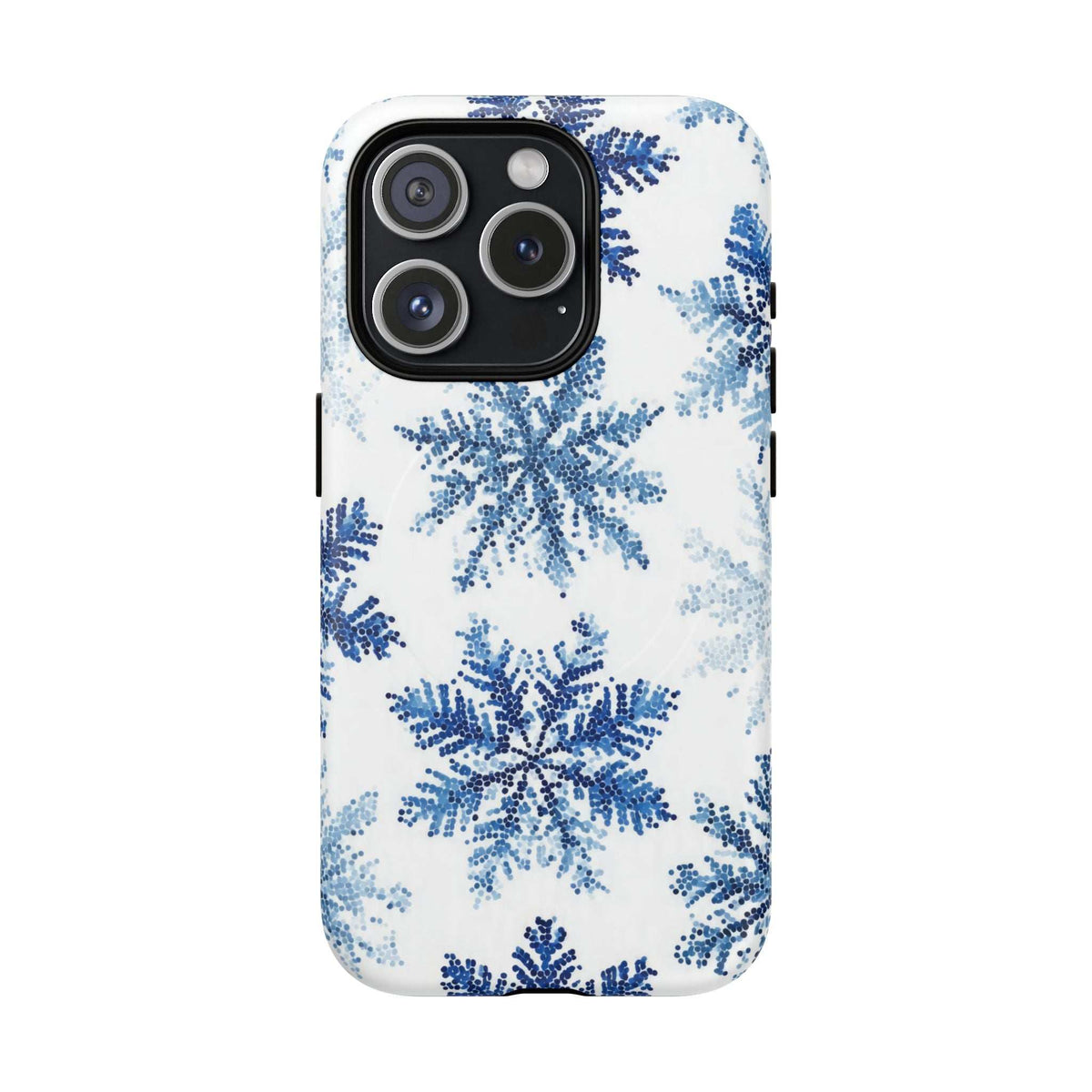Blue snowflake phone case on white back, with camera cutout for multiple lenses
