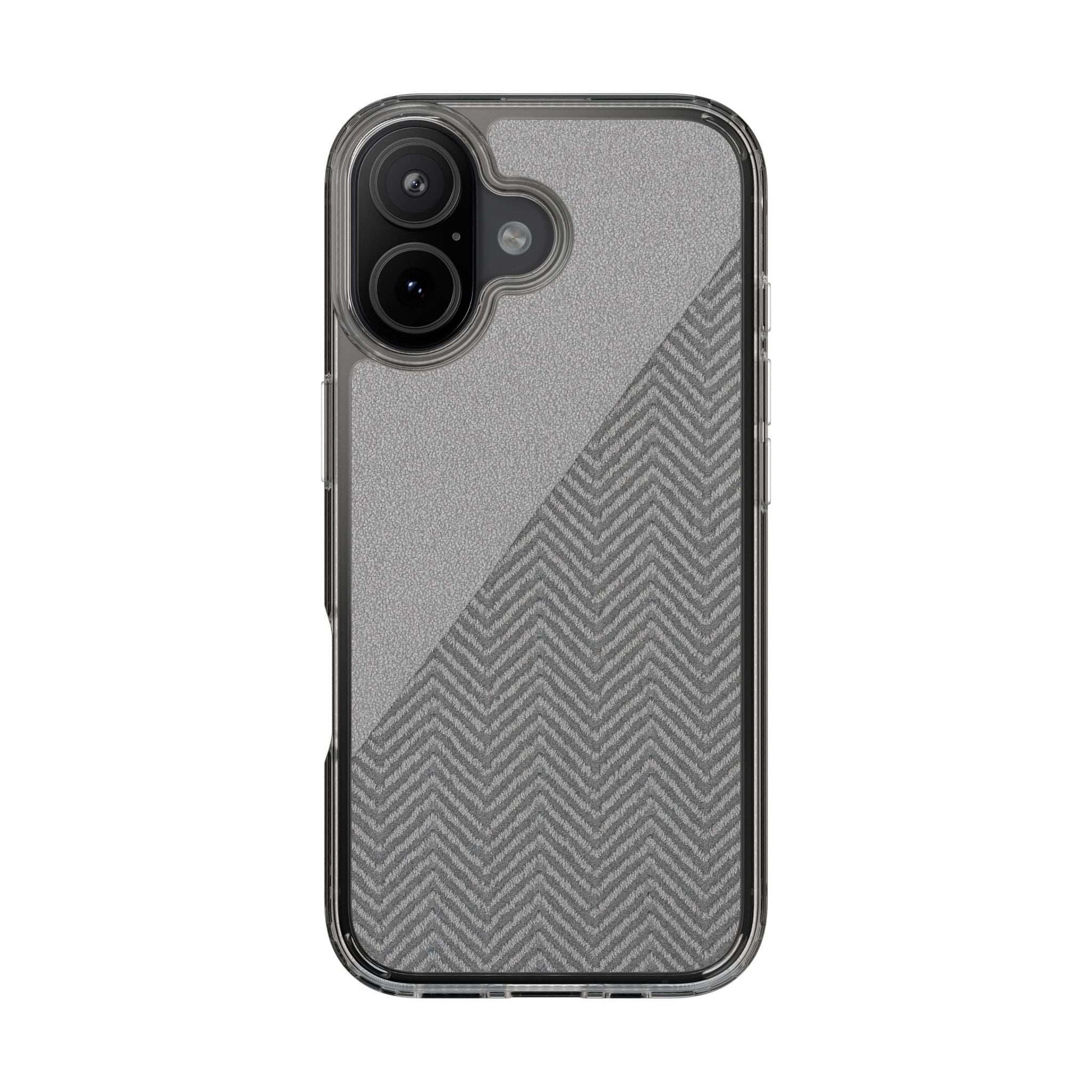 Dark herringbone tough phone case, speckled gray back with diagonal herringbone pattern