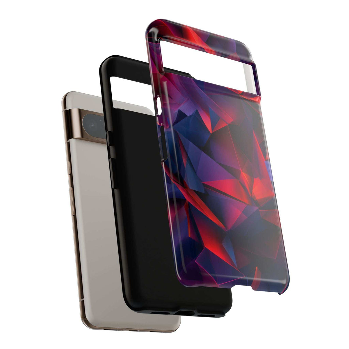 Glossy crystalline prism phone case with clear sides and red-blue faceted design