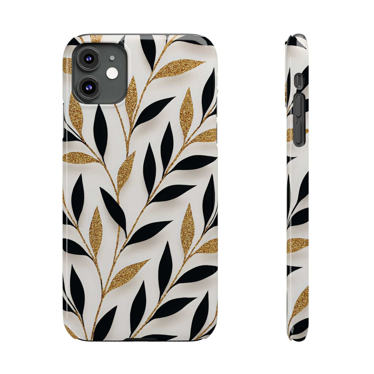 iPhone phone case with white and black leaf design and gold glitter details; side view
