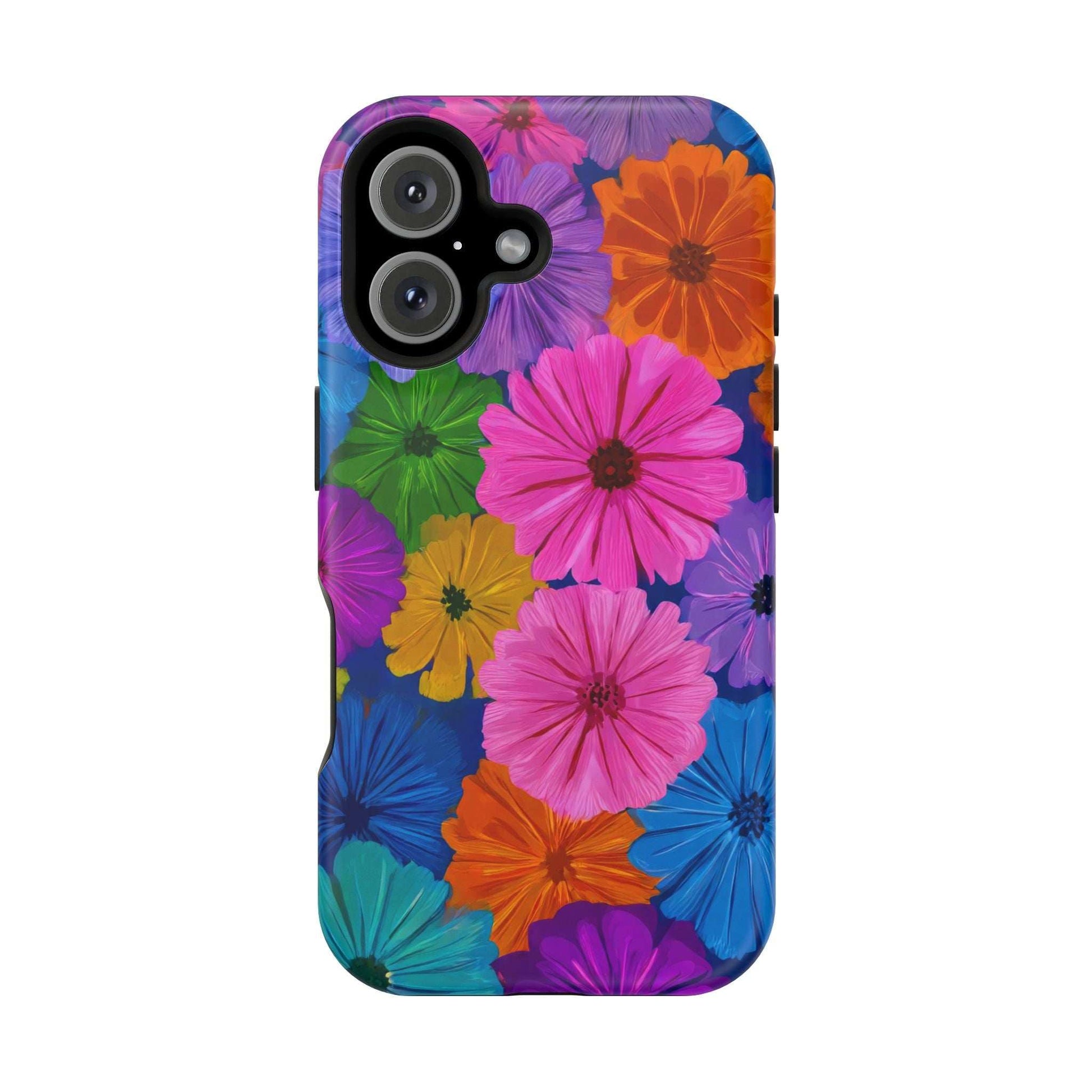 Colorful bloom-pattern phone case with black camera cutout and bright flower design