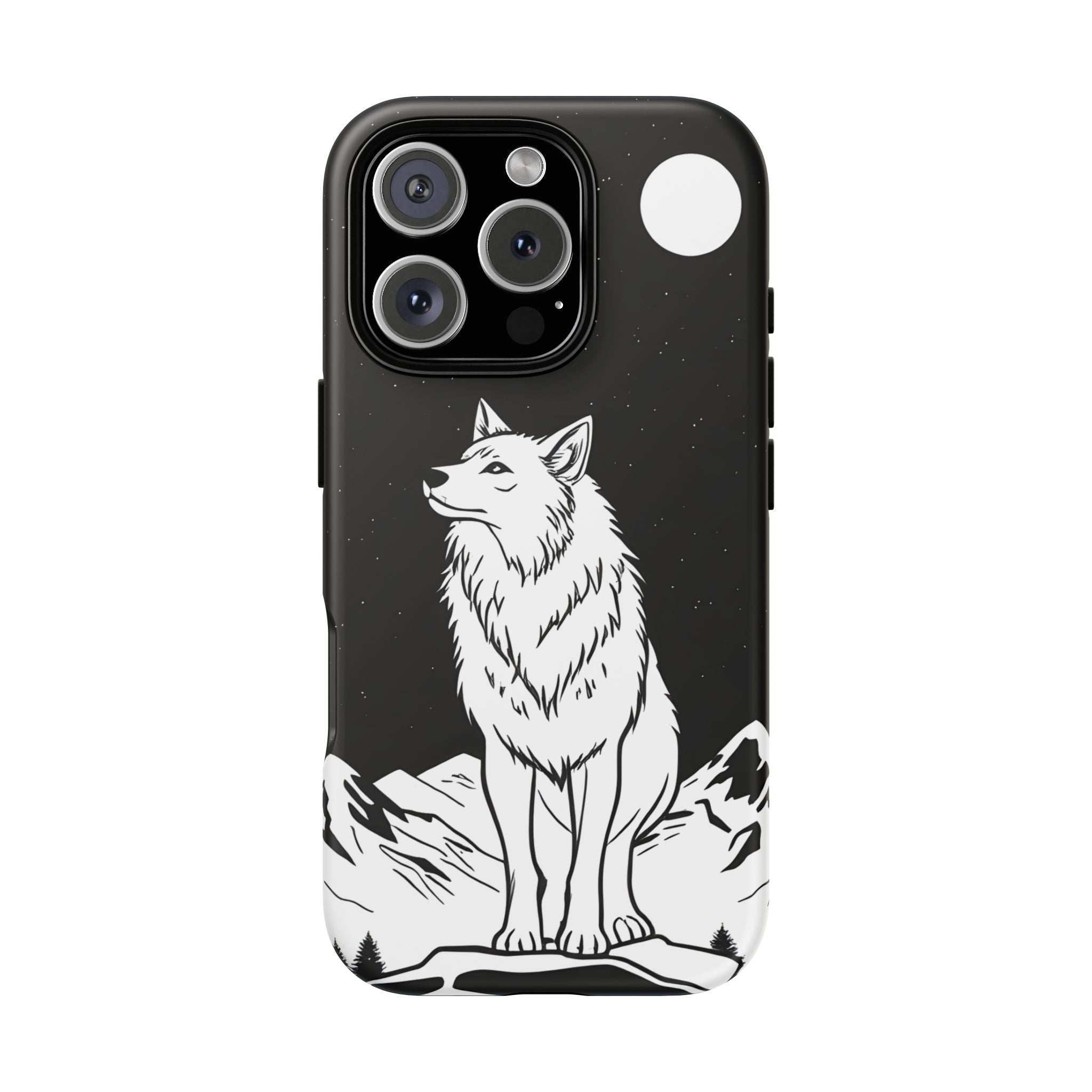 Black phone case with white wolf artwork, triple camera cutout and top-right circle detail
