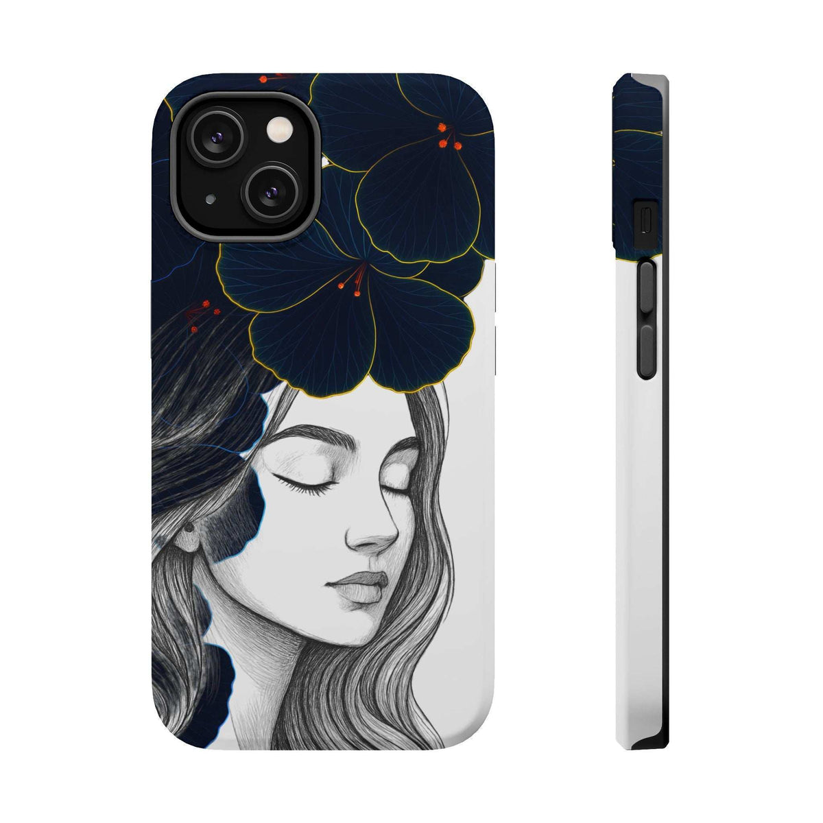 Phone case with woman face illustration, blue blossoms, and side profile showing side buttons