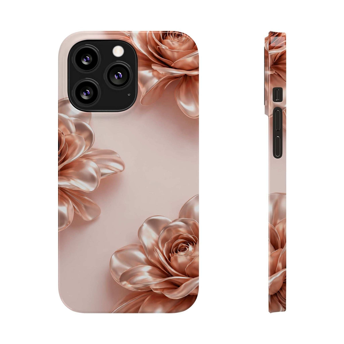 Blush phone case with metallic floral design, side view showing camera and charging cutout