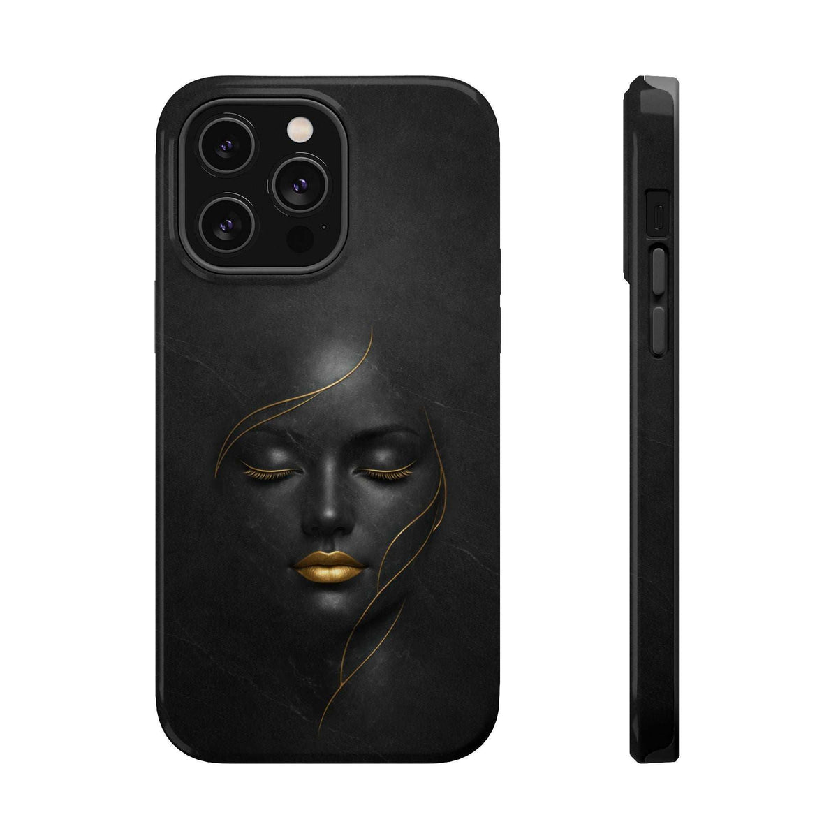 Black phone case with gold face art; side view shows camera and button cutouts.