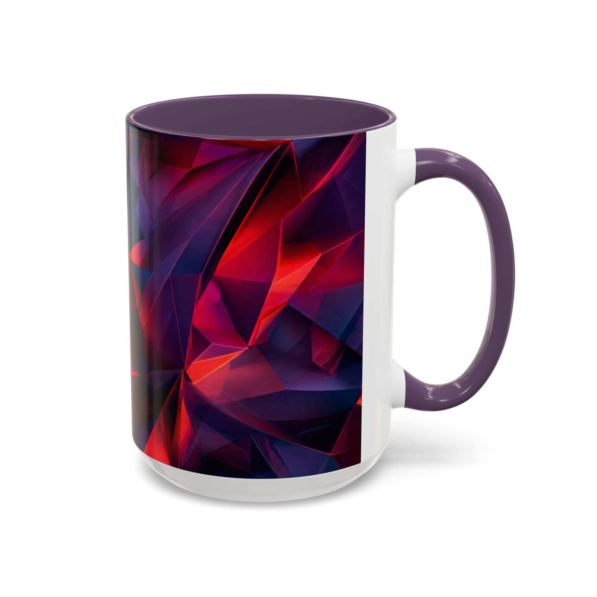 Ceramic mug with purple handle and lid, white body and red-blue crystalline wrap
