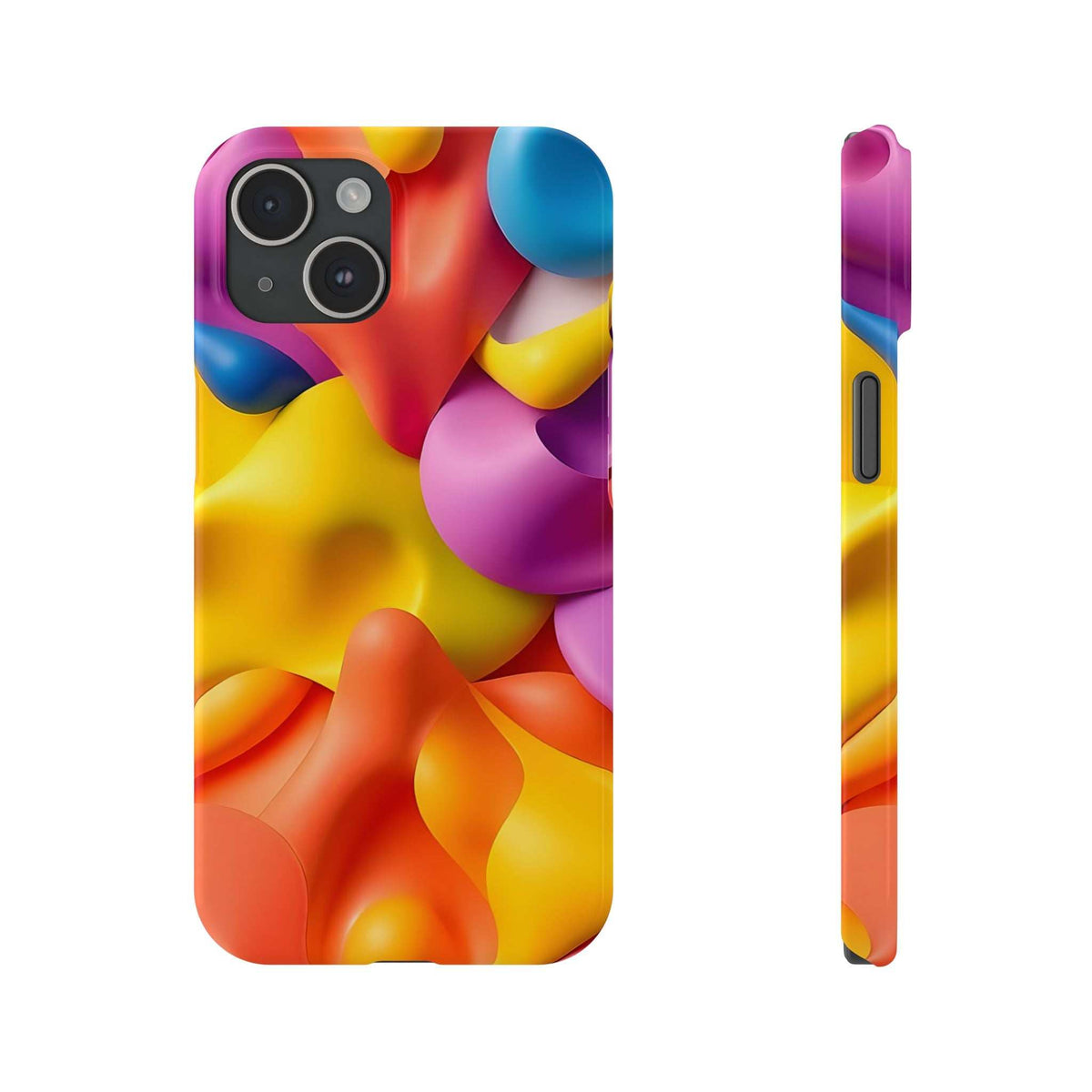 Multicolor abstract phone case with camera cutouts and side button recess