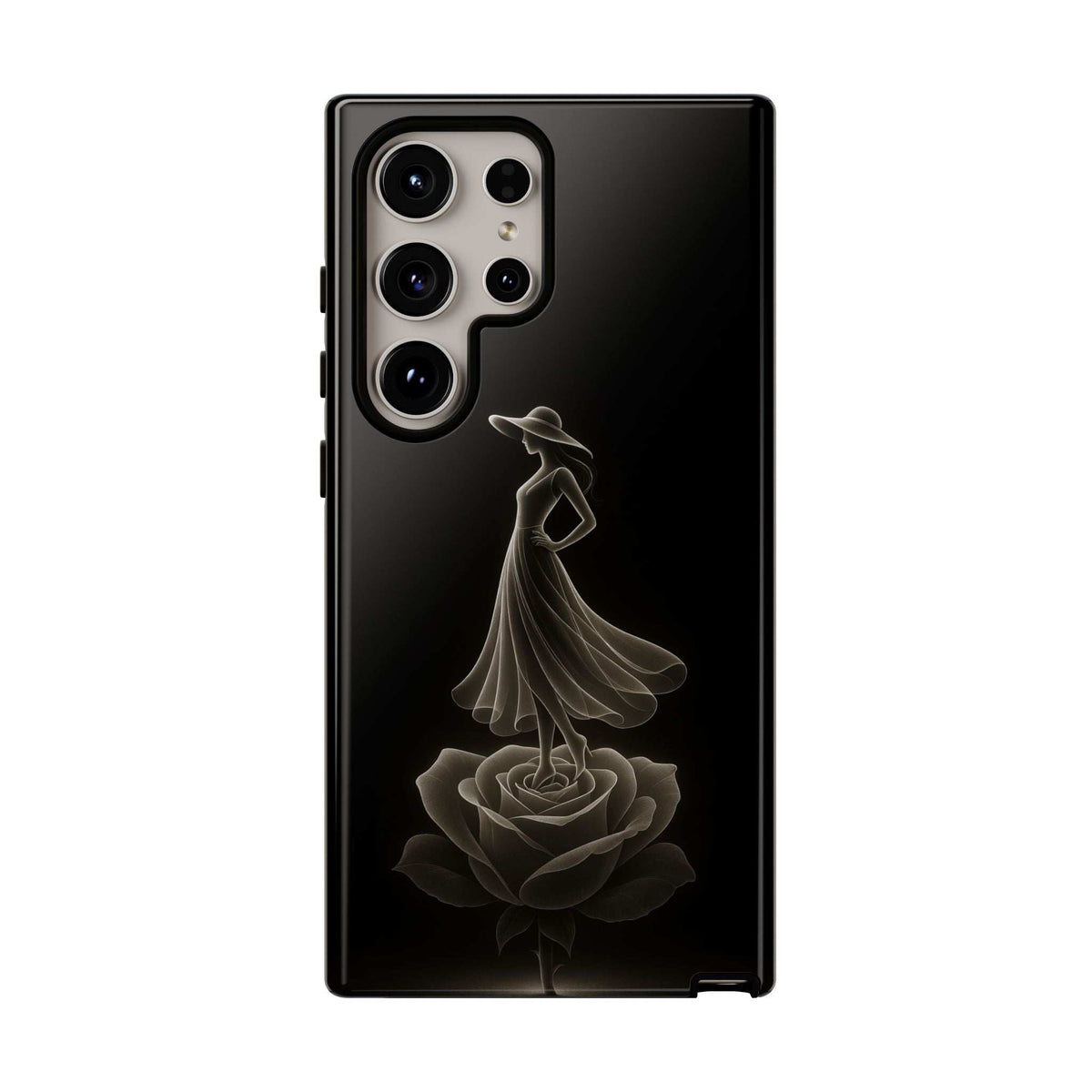 Glossy black phone case with ballerina and rose line art, detailed camera area