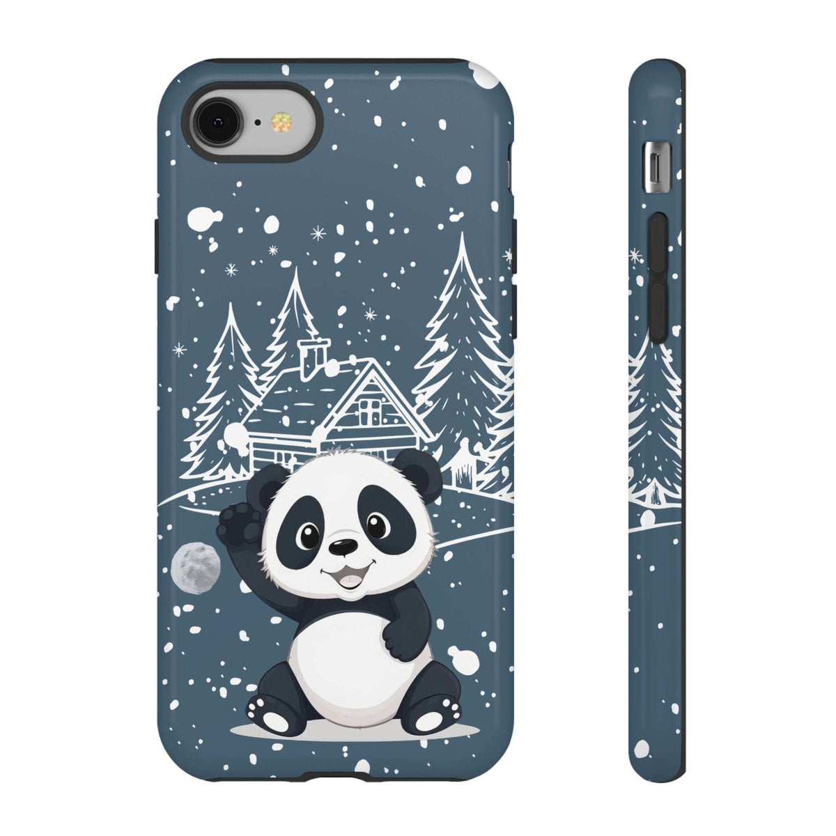 Dark blue phone case with cute panda sitting in snowy winter scene, front and side
