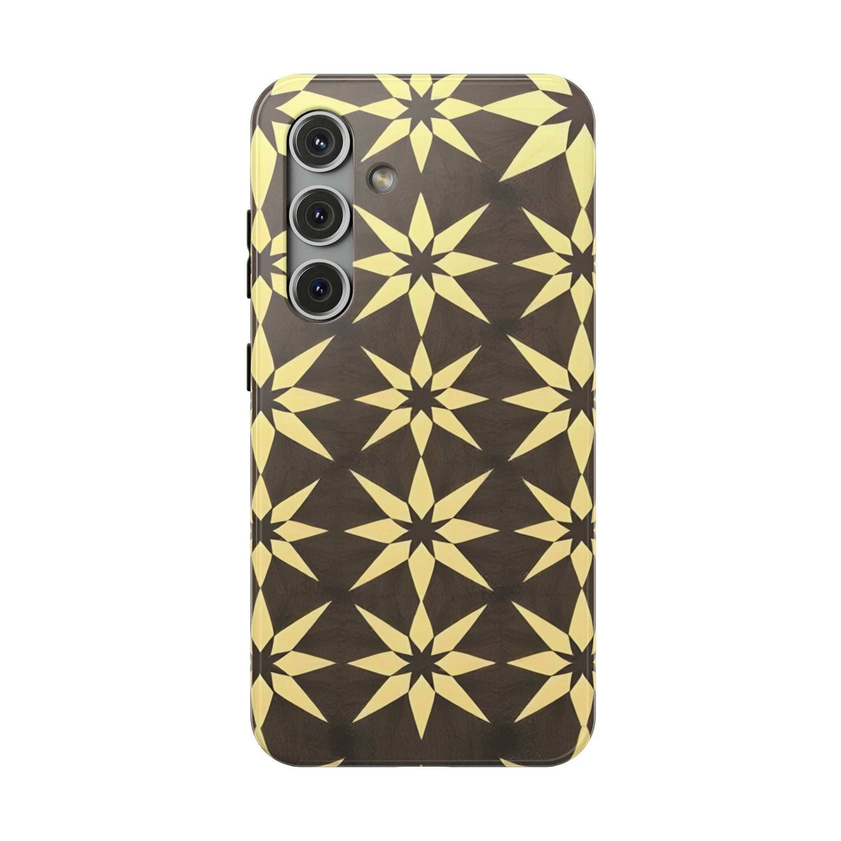 Phone case with geometric star pattern in black and gold; camera openings on upper left.