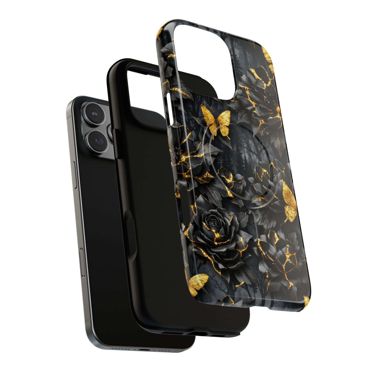 Black phone case with gold crackle garden artwork: roses, butterflies, and vine lines.