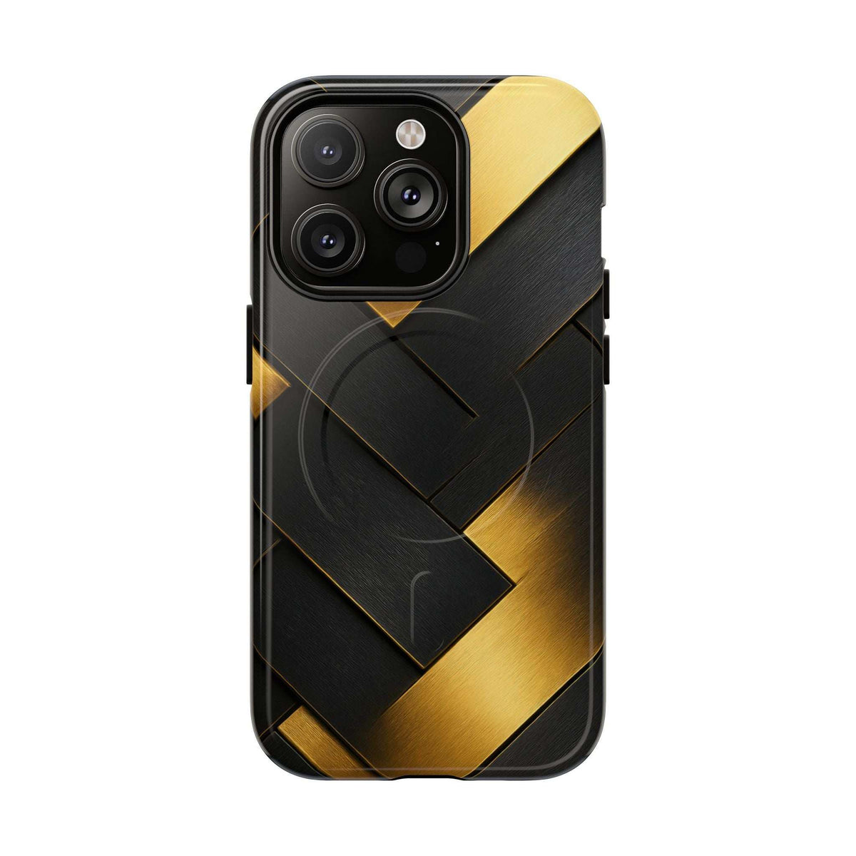 Glossy phone case with black back and gold diagonal chevron pattern, rear view with camera cutouts