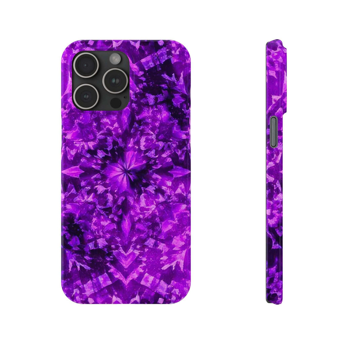 Purple kaleidoscope phone case with starburst pattern; side edge with port openings