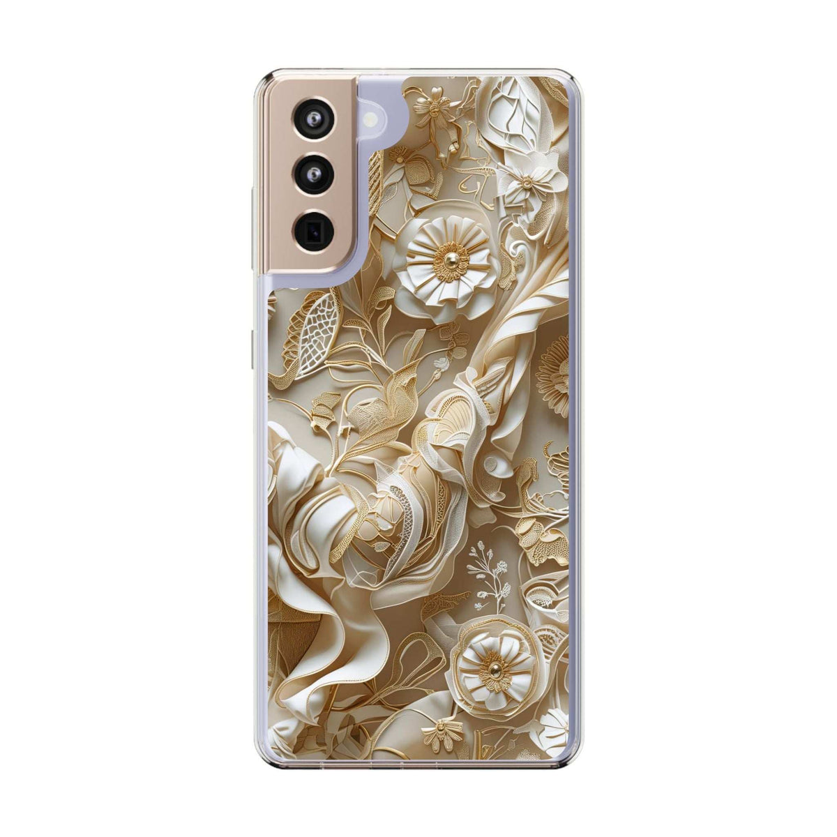 Clear phone case with gold floral pattern, raised camera cutouts on back panel