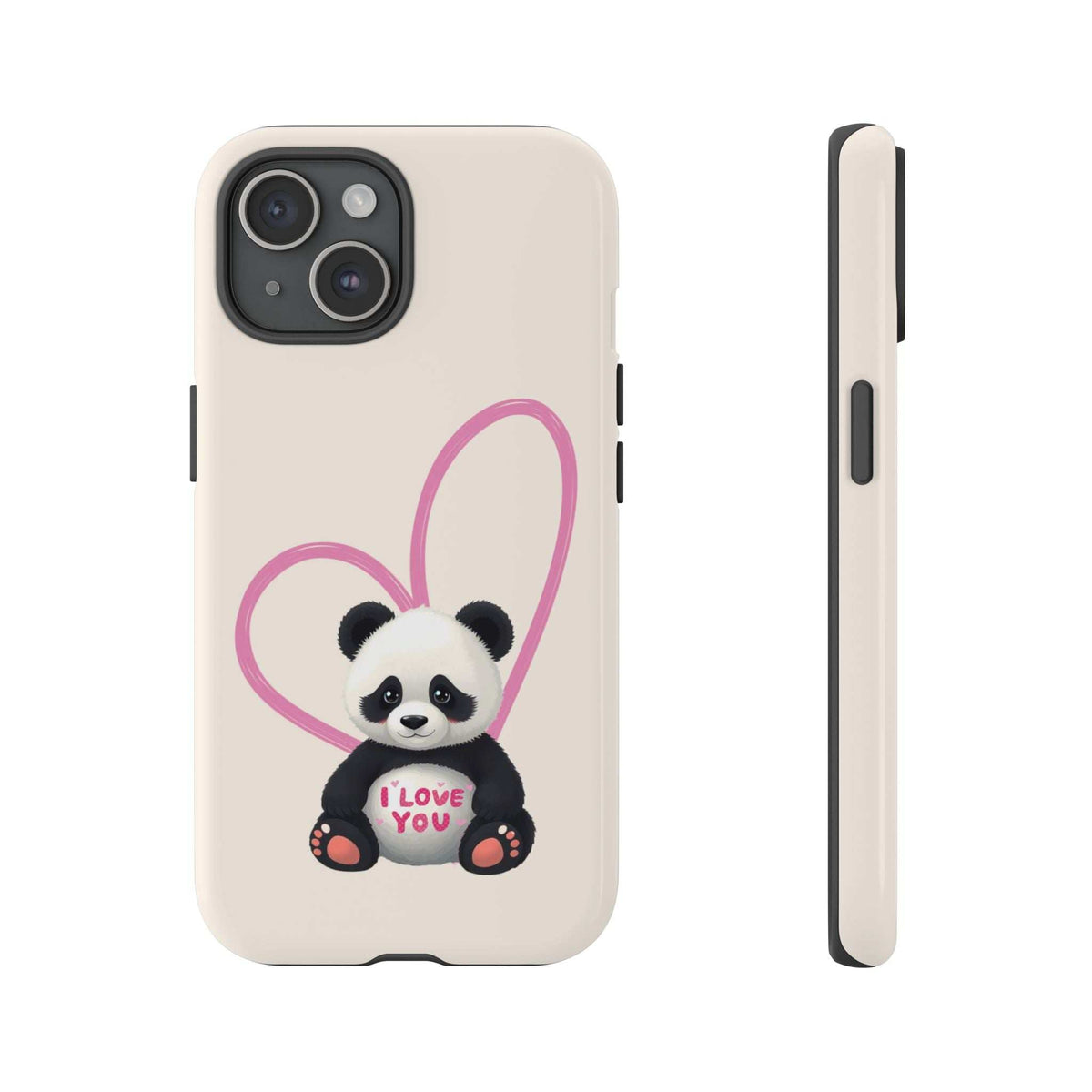 Beige phone case with panda in pink heart holding 'I LOVE YOU'; dual camera area visible.
