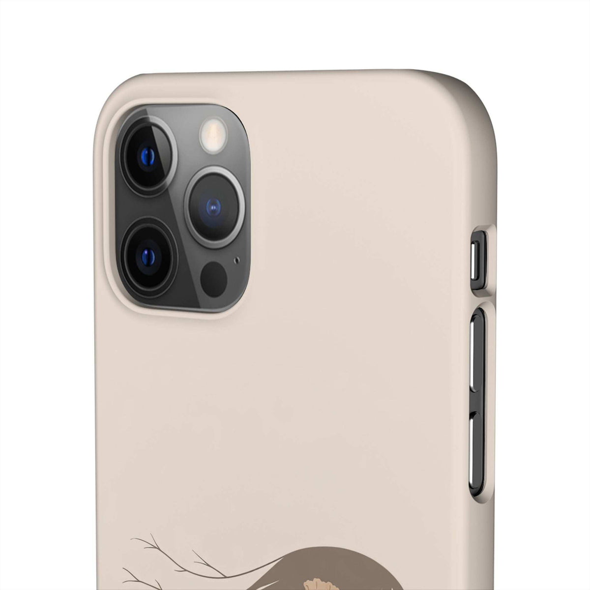 Beige phone case with gray camera panel cutouts and side button openings