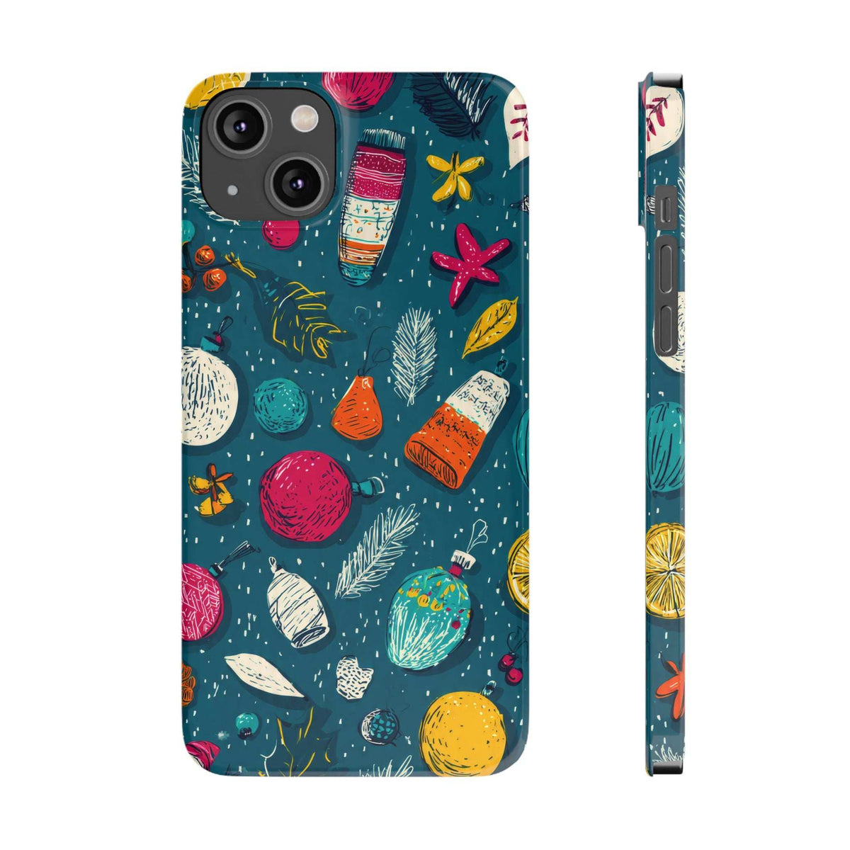 Winter Joy phone case for iPhone, teal with colorful winter icons; slim protective sides