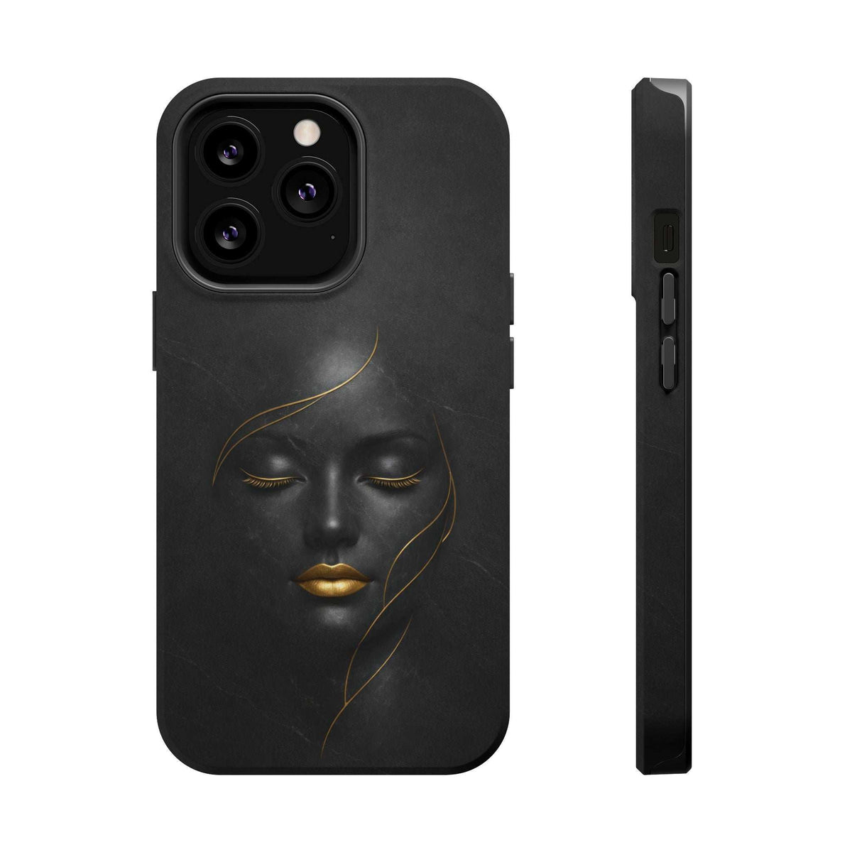 Black iPhone phone case with gold face illustration; side view shows openings
