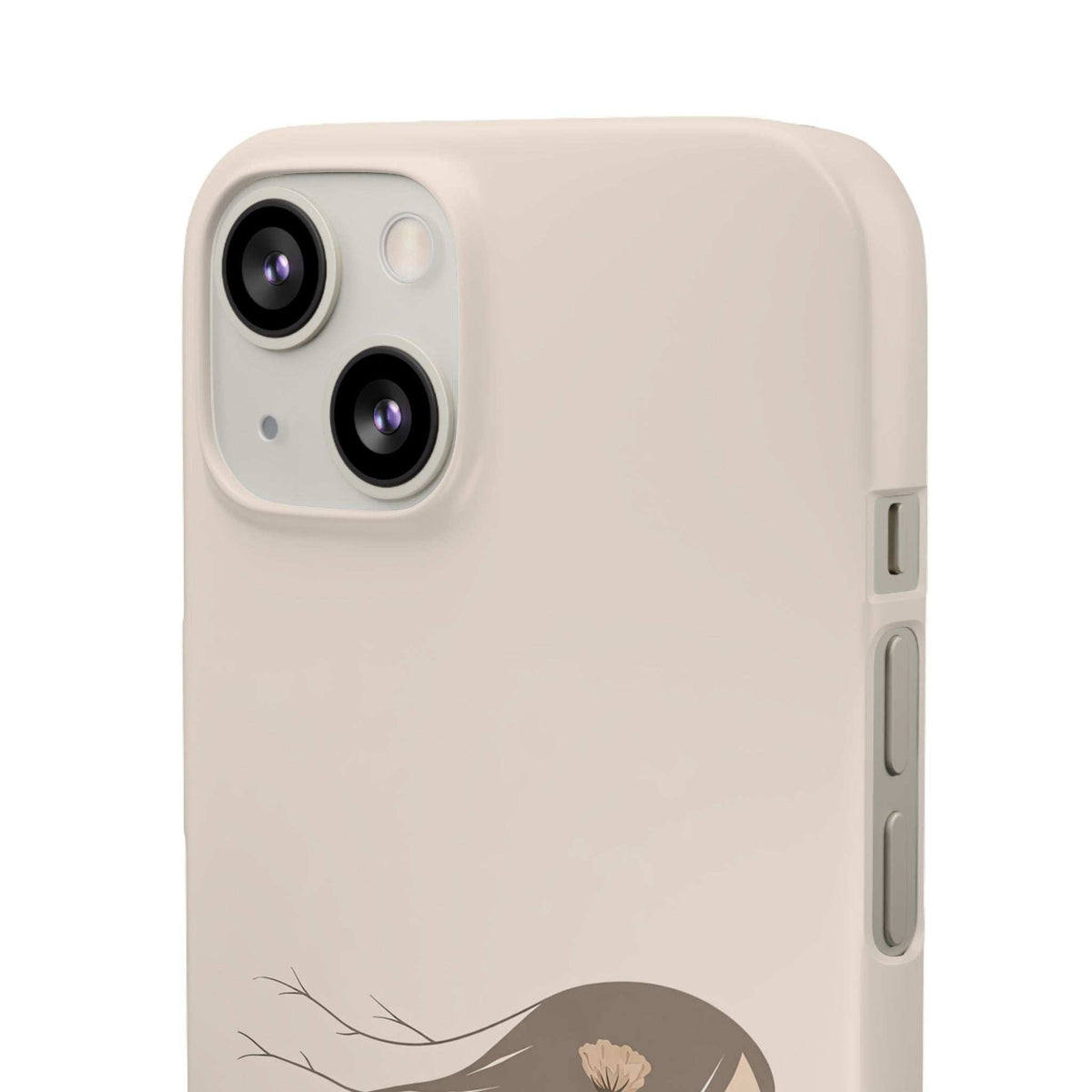 Beige phone case with light camera cutout, side button cutouts, floral branch graphic