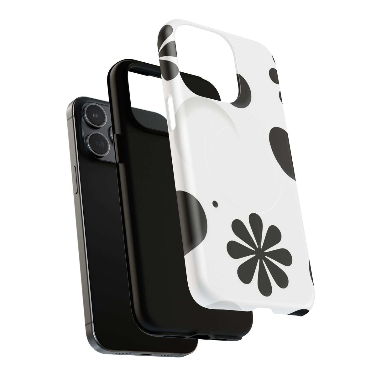 Protective phone case, white with black flower and dot pattern, front camera area visible
