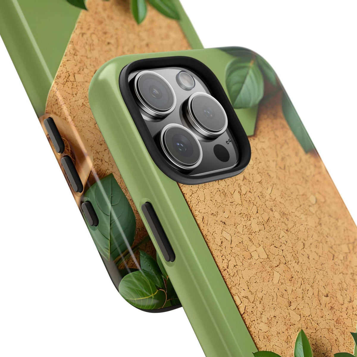 Green eco phone case close-up with cork-look back and leaf pattern, camera cutout