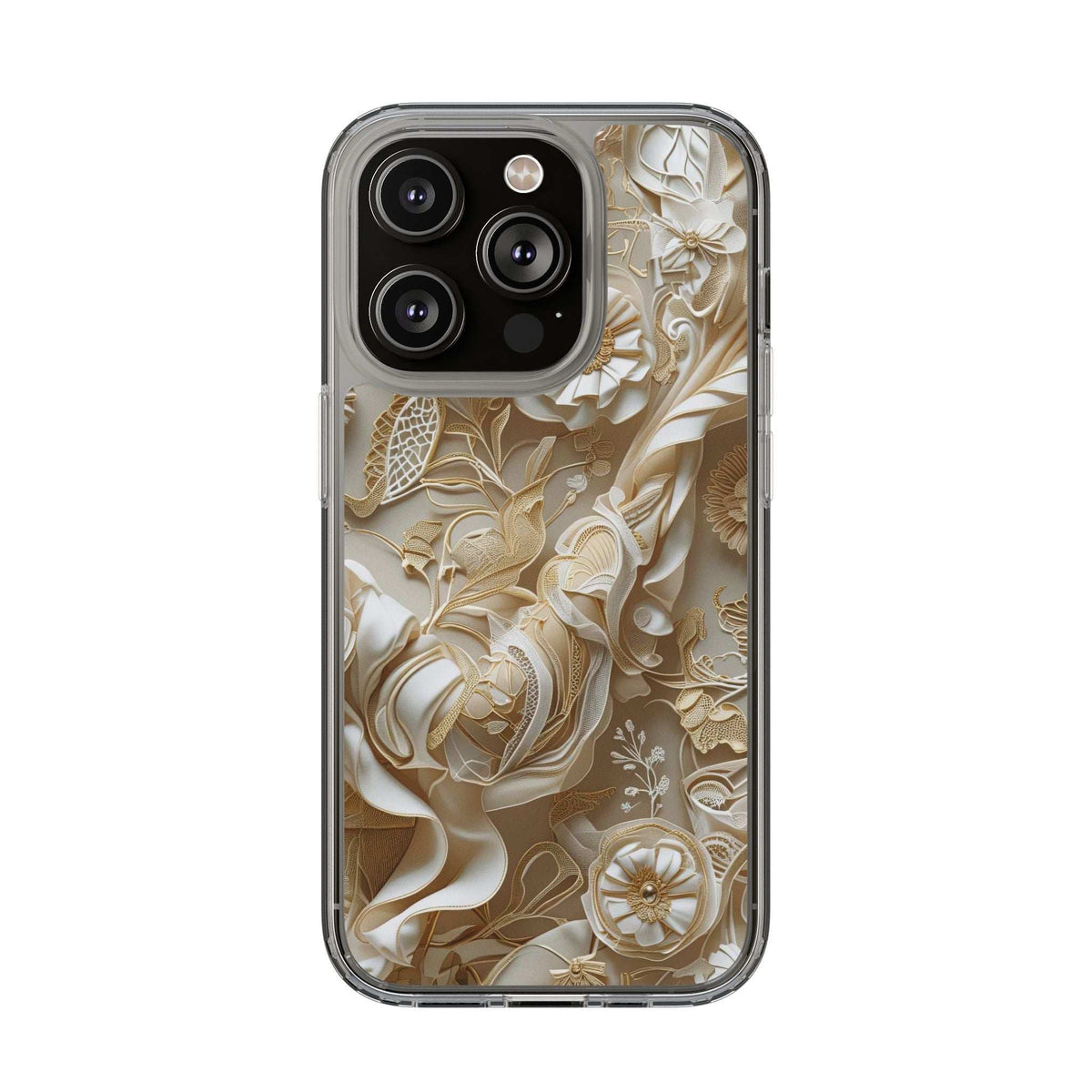 Clear phone case with gold-and-cream floral pattern, four-lens camera module