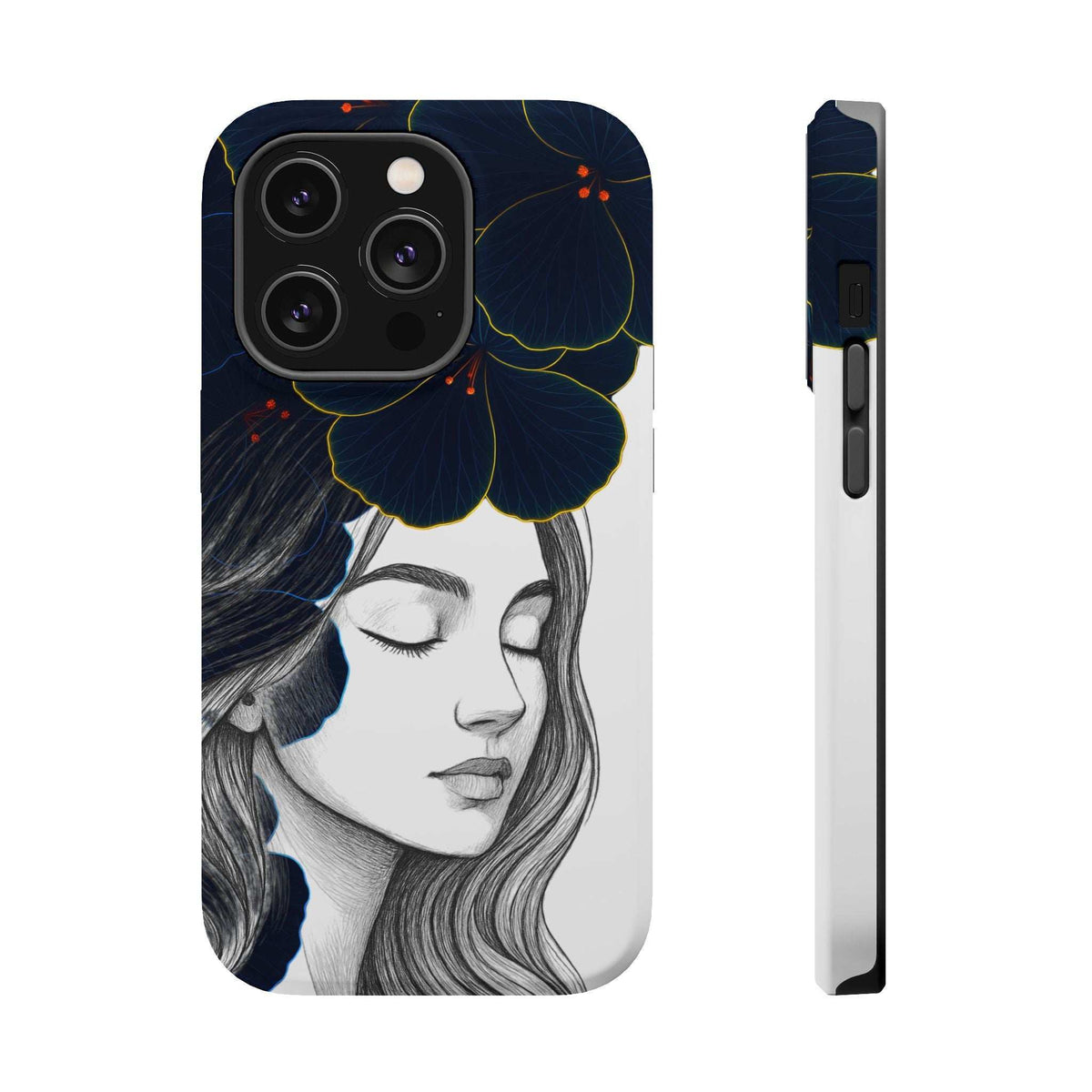 Phone case front and side view, dark floral woman portrait with blue blossoms and camera area