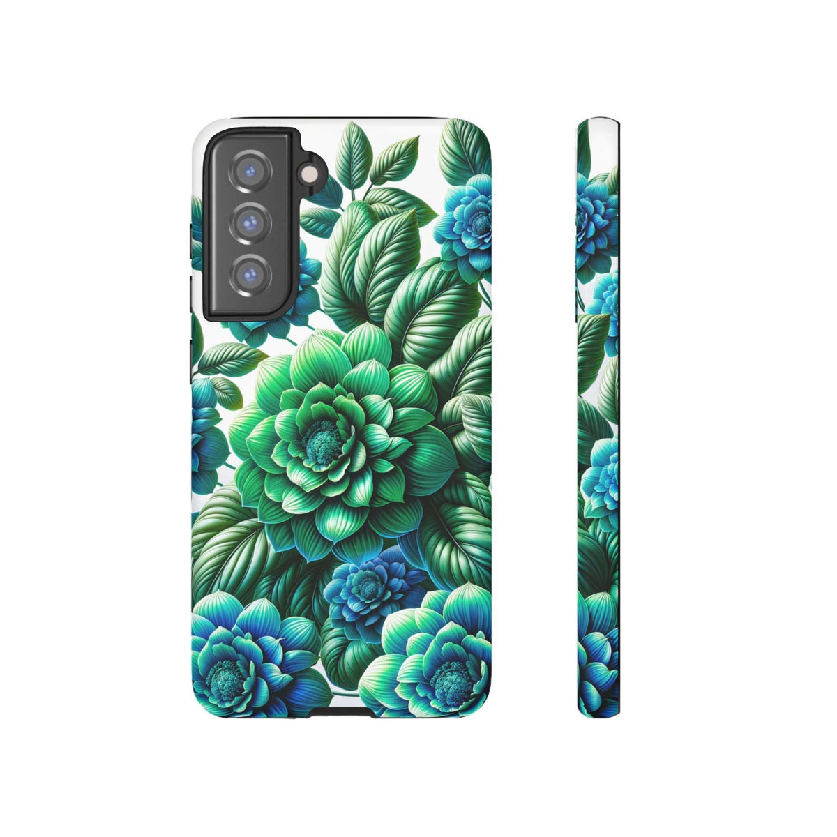 Green and blue floral phone case featuring tropical flowers and leaves, front-facing angle