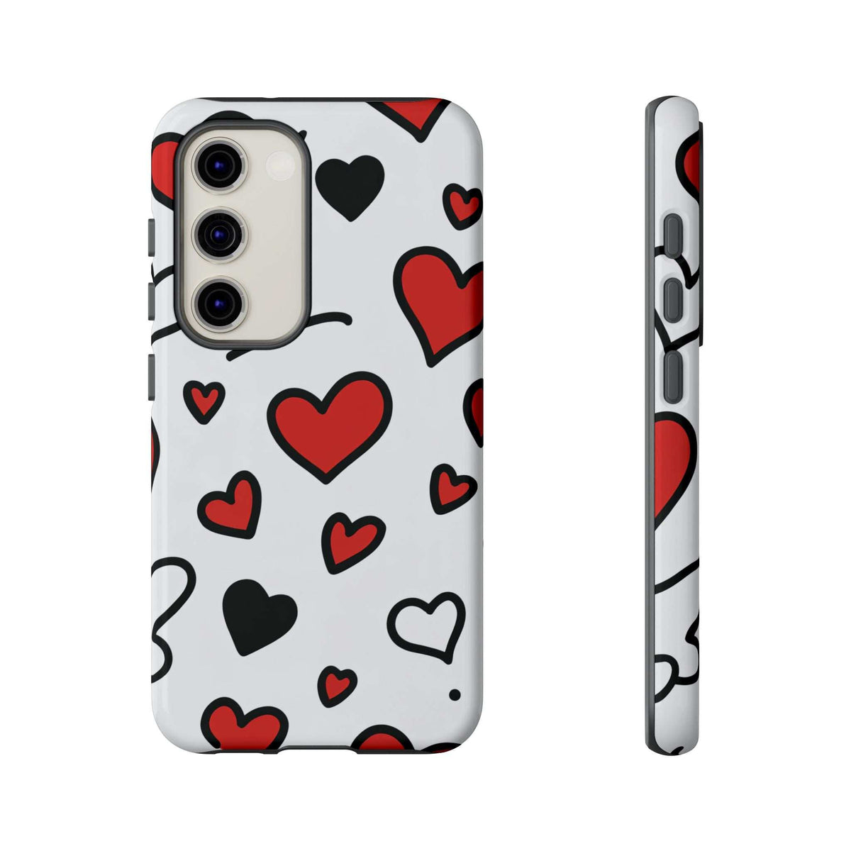 White phone case with scattered red and black hearts, dual-camera cutout with flash