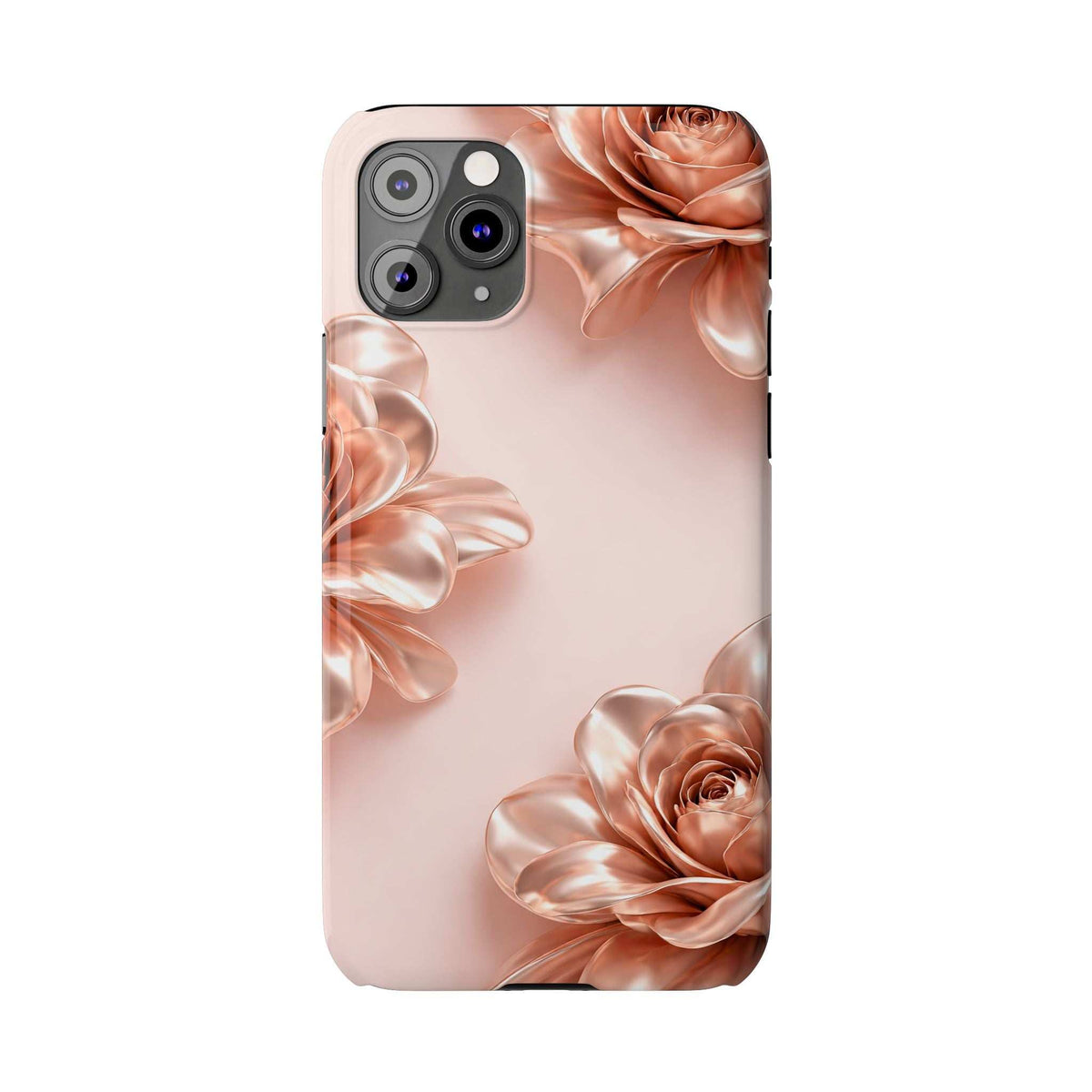 Blush pink phone case with metallic rose floral pattern and camera module opening.