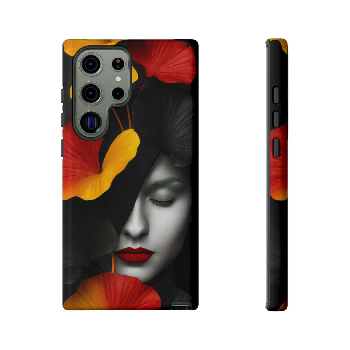 Glossy phone case with red-yellow portrait floral art; camera and button cutouts