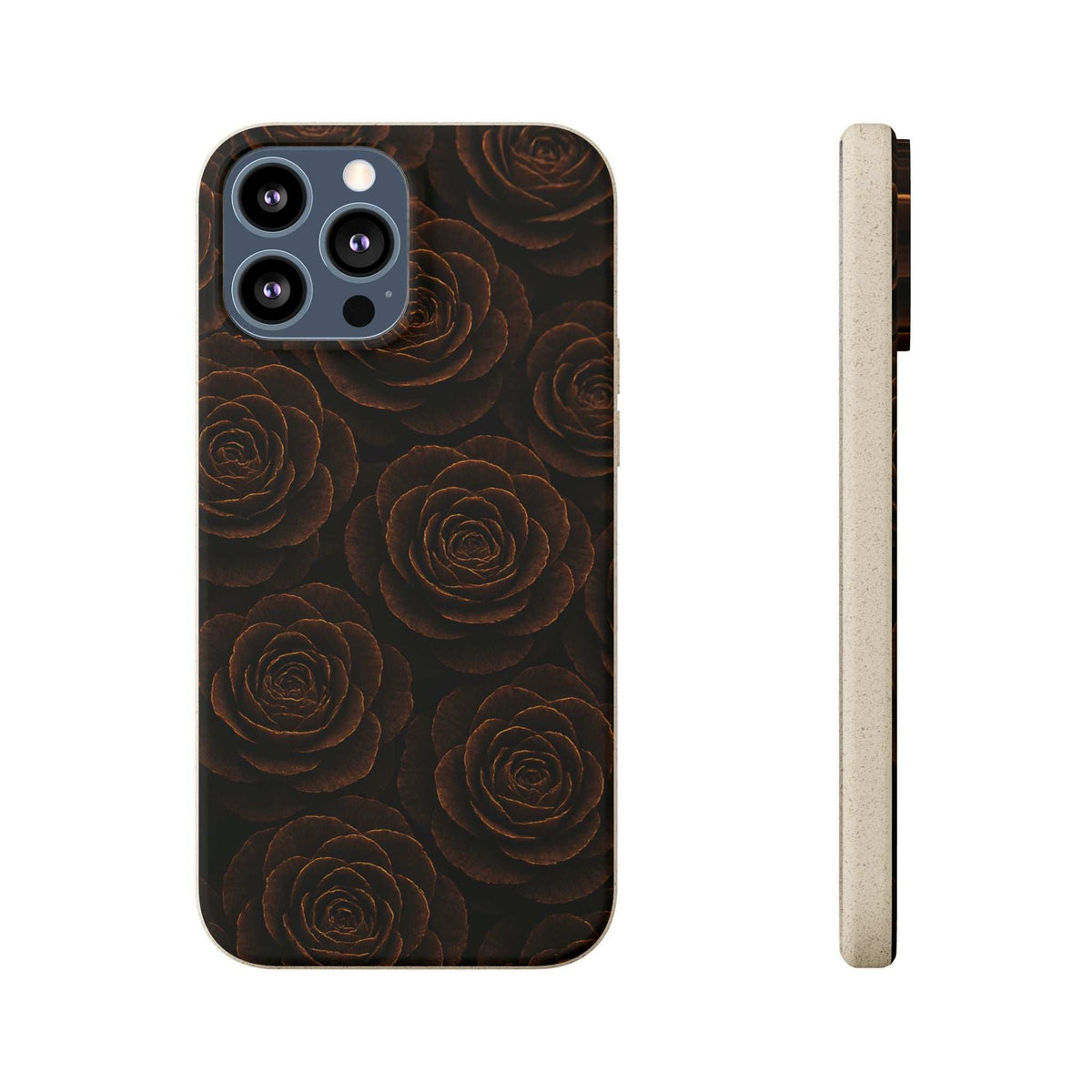 Dark phone case with embossed rose pattern and camera cutout; slim side profile shown.
