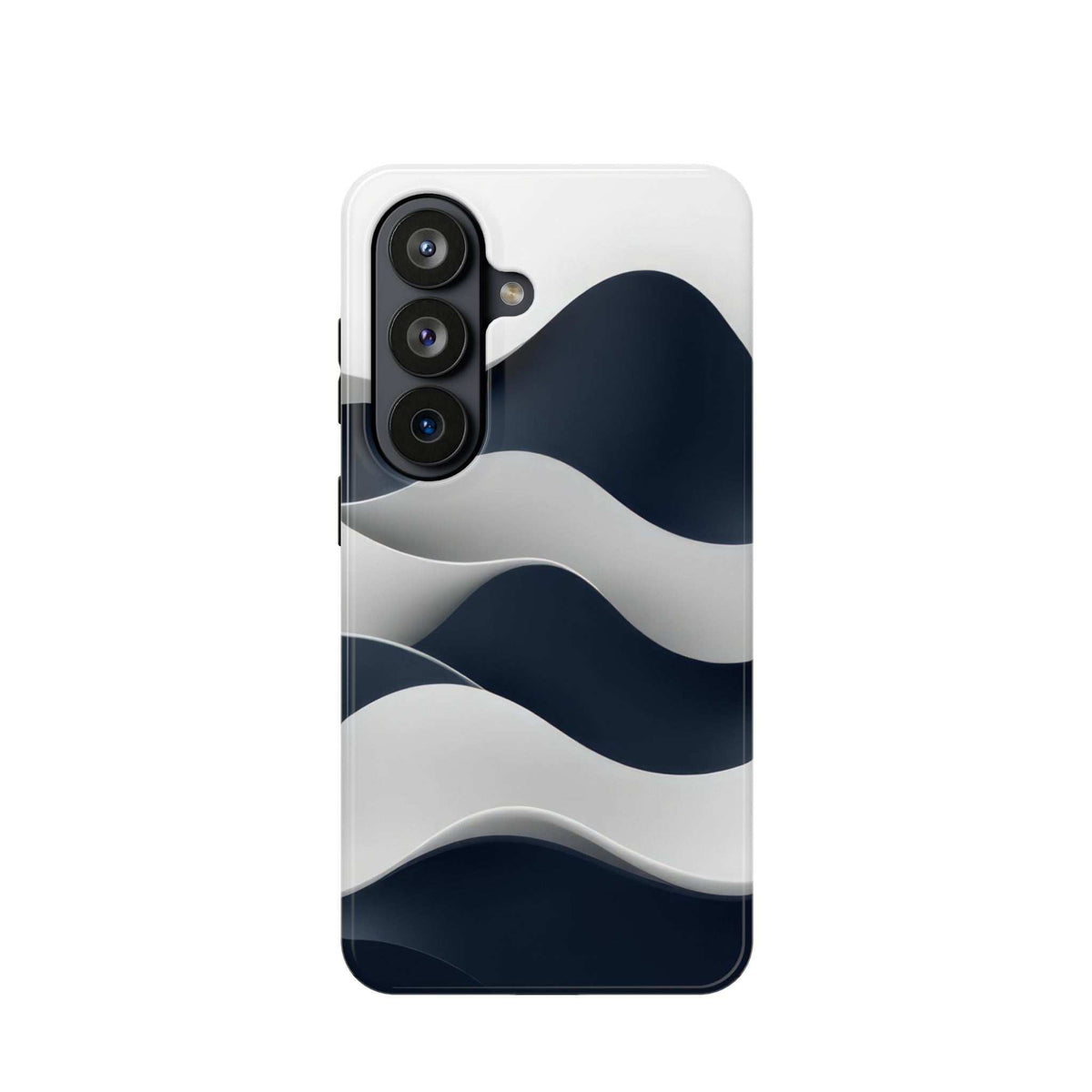 Glossy phone case with ocean wave pattern, camera openings and cutouts
