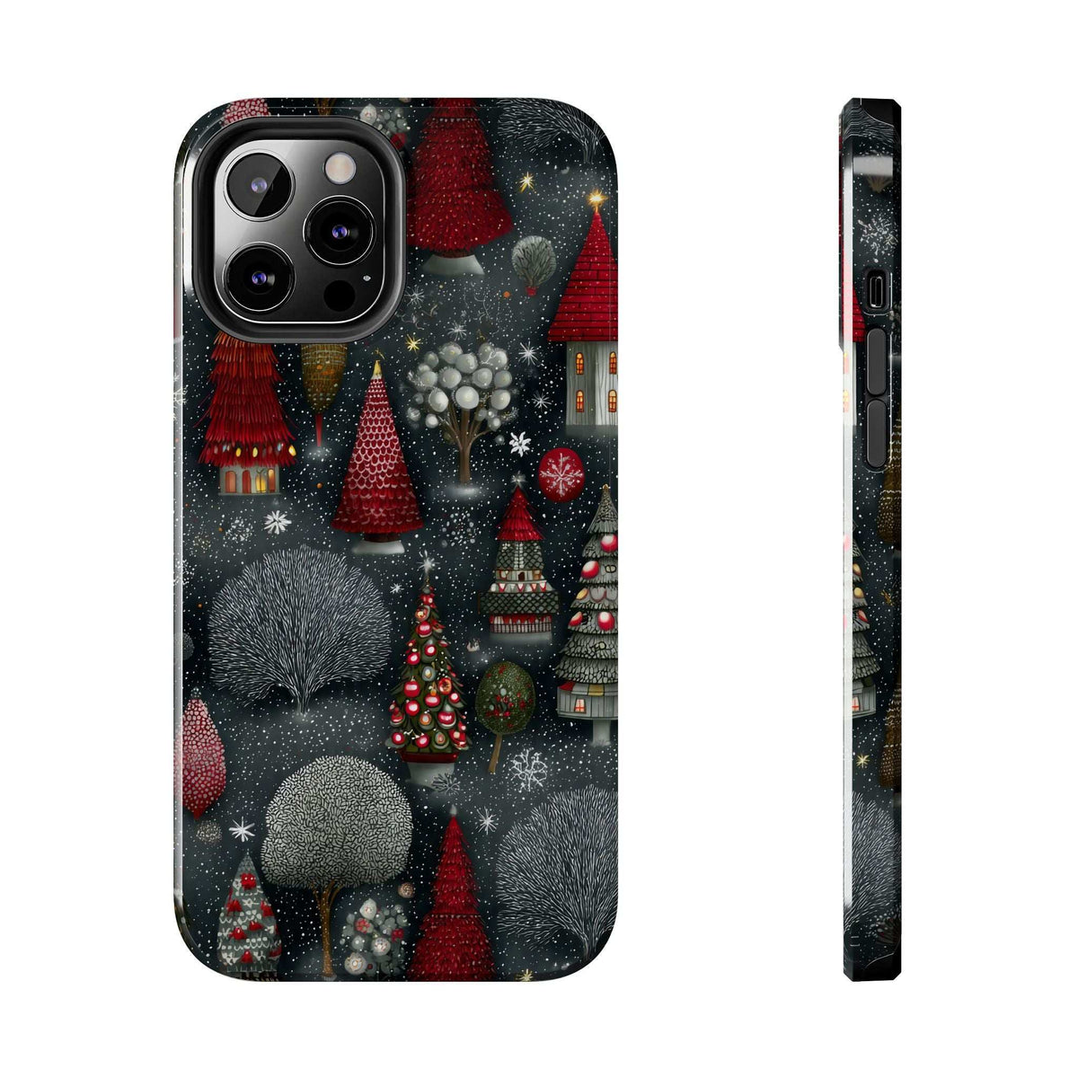 Winter forest themed phone case with frosted fir trees; side profile view